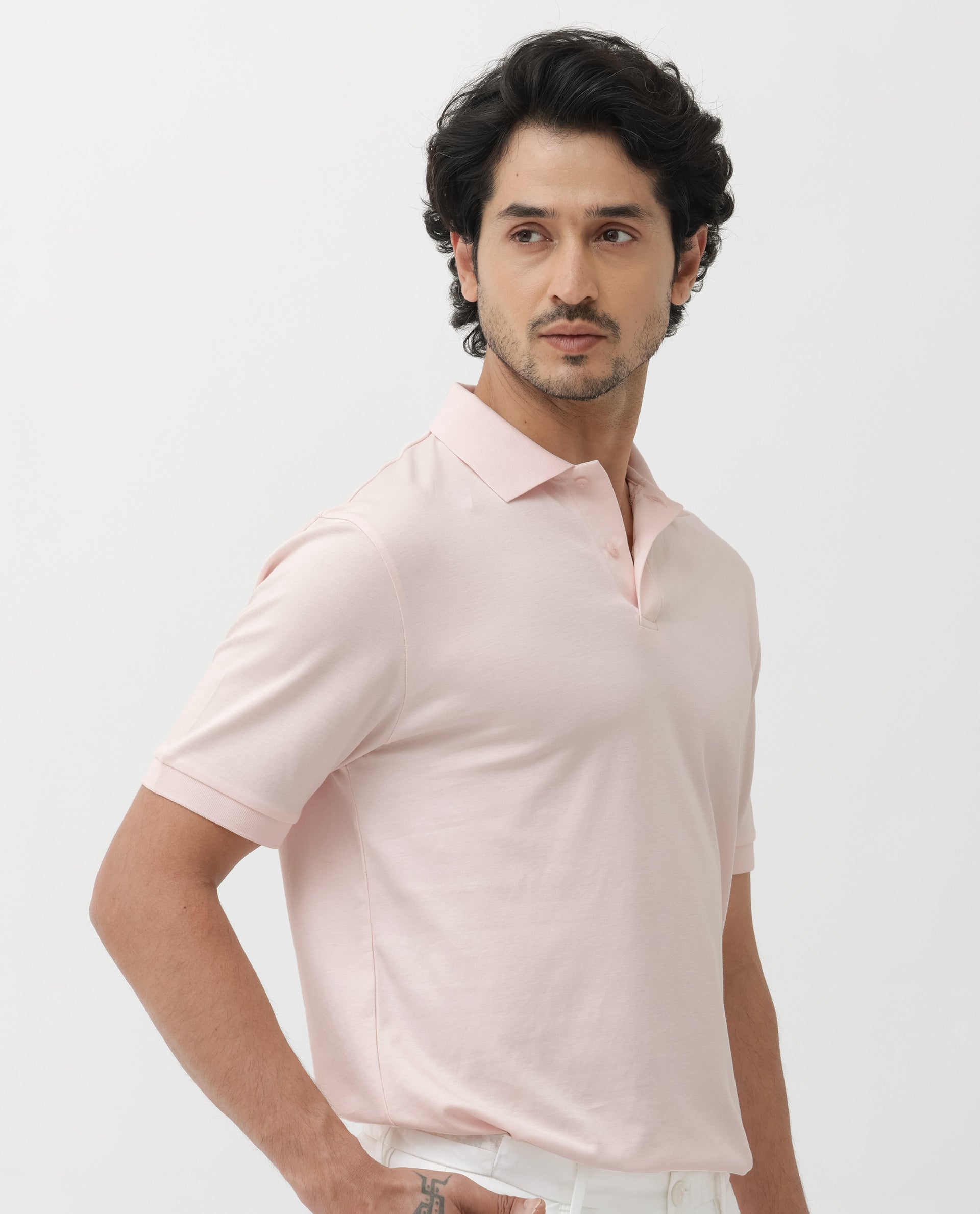 Rare Rabbit Mens Row Pastel Pink Short Sleeve Regular Fit Solid Polo T-Shirt