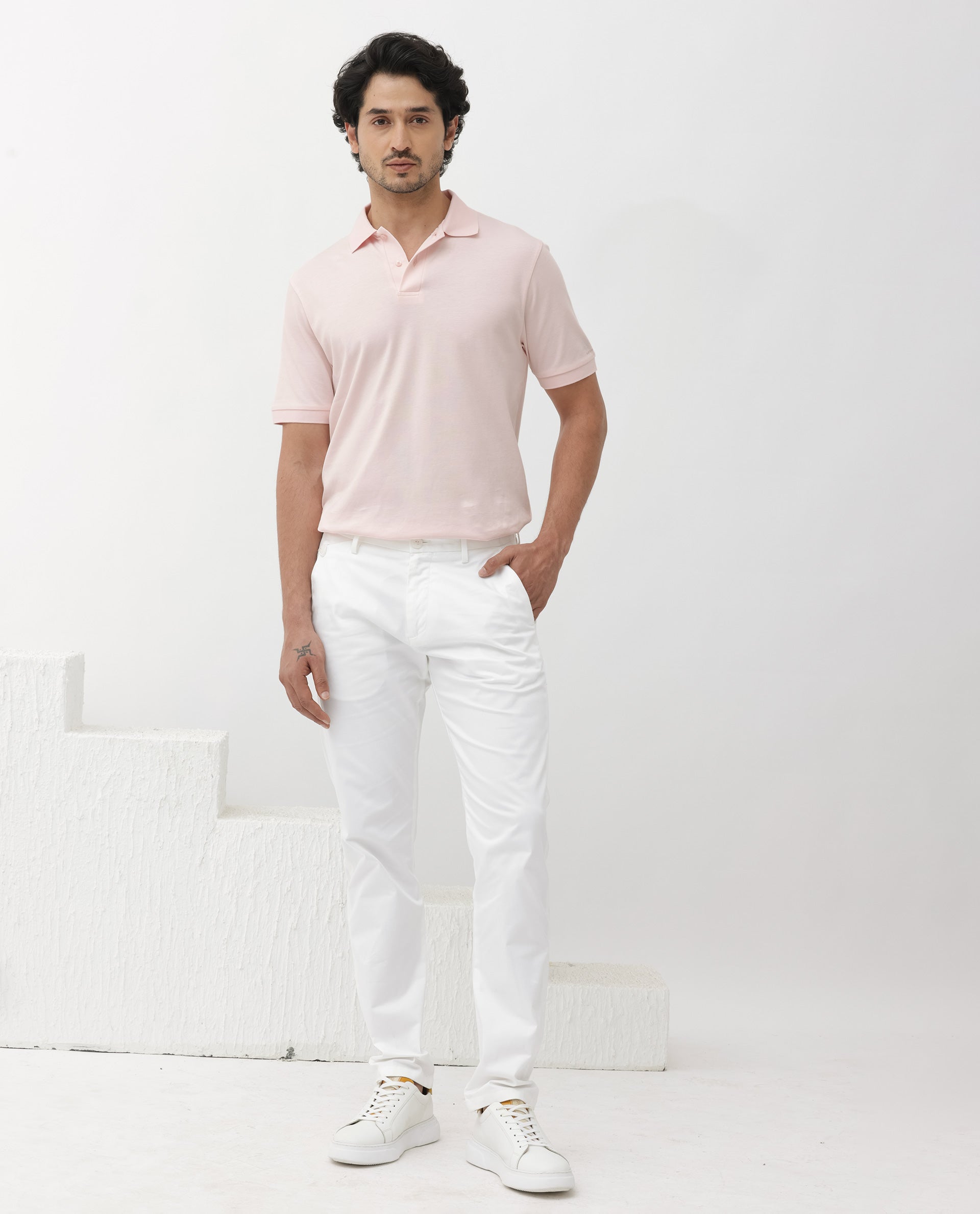 Rare Rabbit Mens Row Pastel Pink Short Sleeve Regular Fit Solid Polo T-Shirt