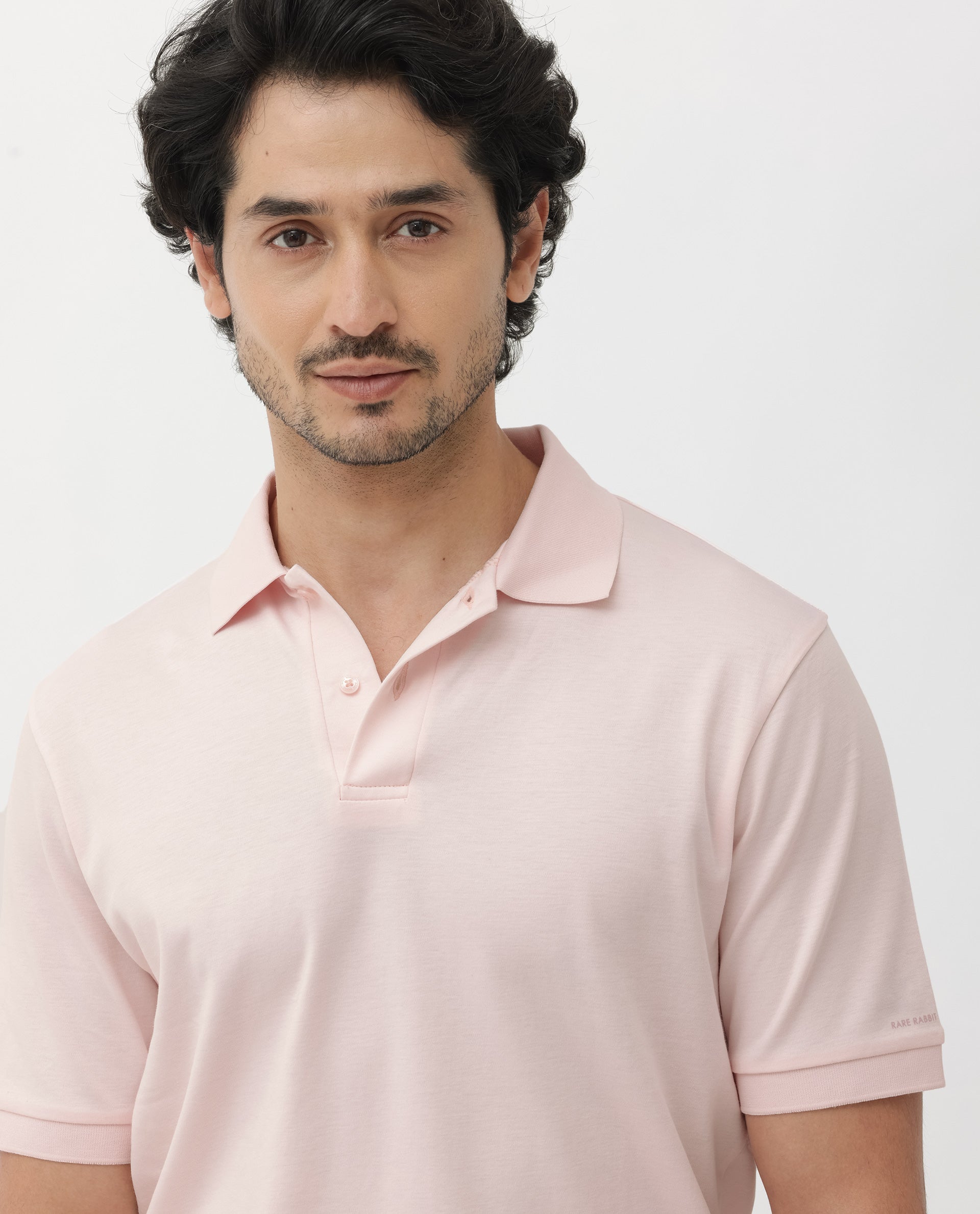 Rare Rabbit Mens Row Pastel Pink Short Sleeve Regular Fit Solid Polo T-Shirt