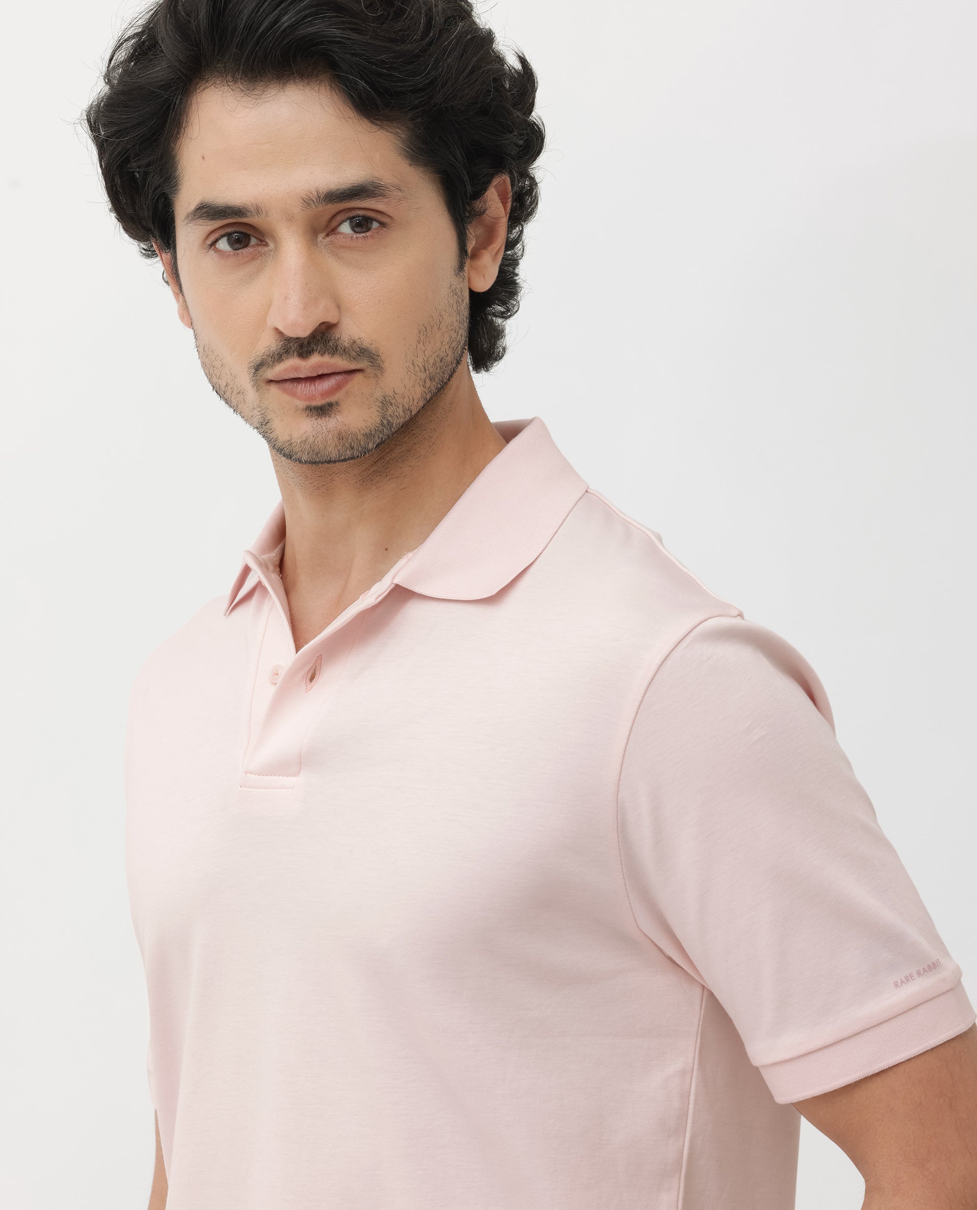 Rare Rabbit Mens Row Pastel Pink Short Sleeve Regular Fit Solid Polo T-Shirt