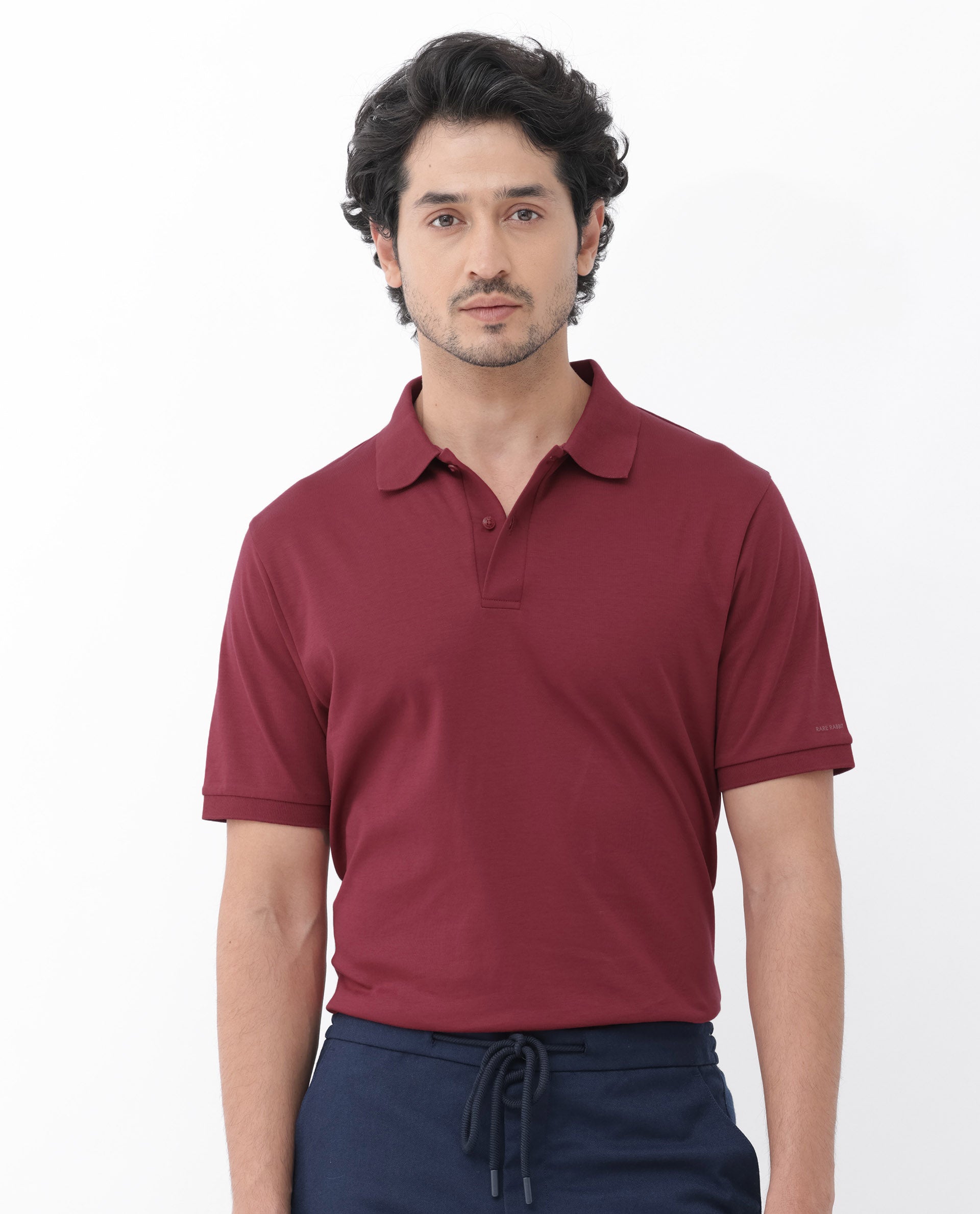 Rare Rabbit Mens Row Red Short Sleeve Regular Fit Solid Polo T-Shirt