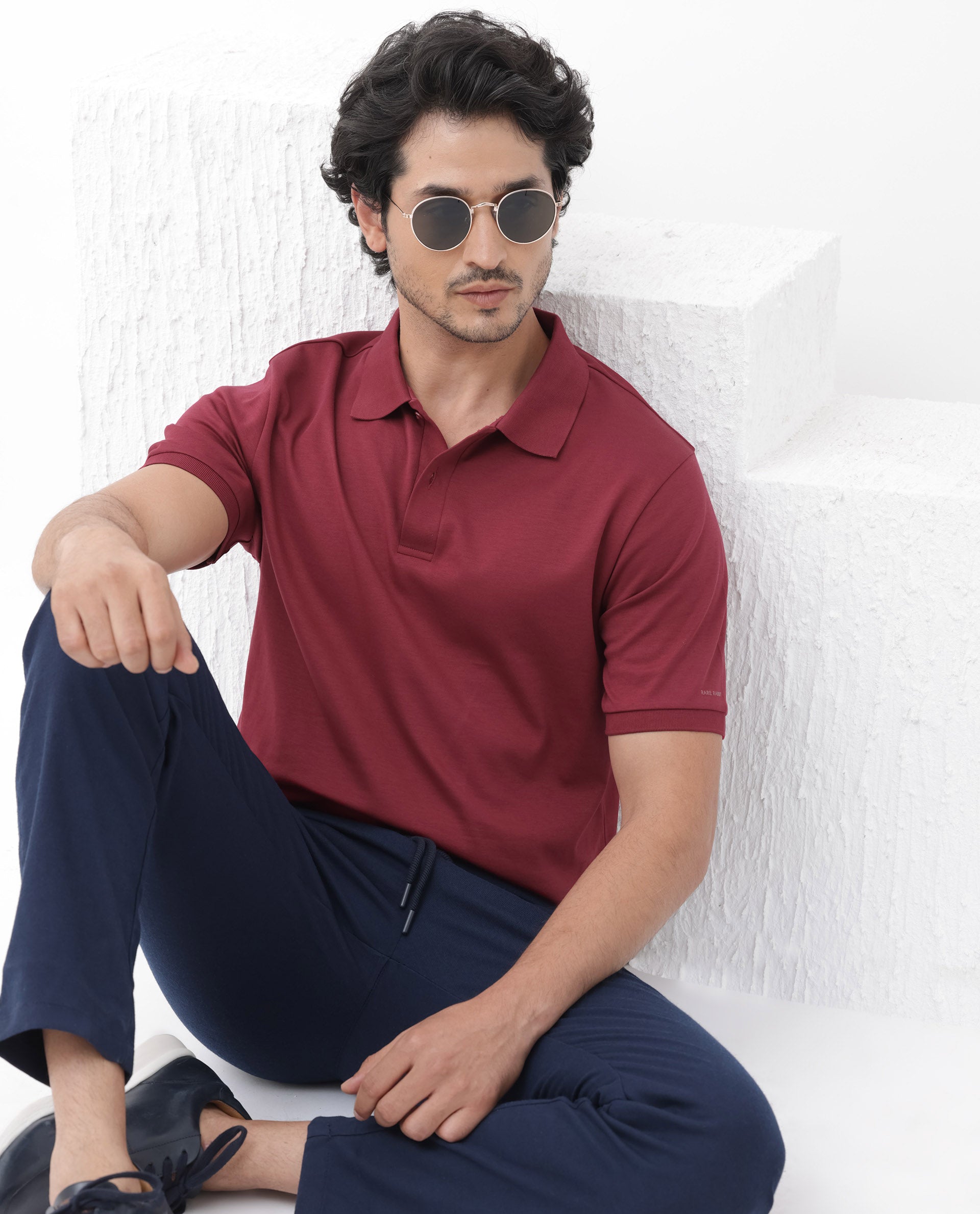 Rare Rabbit Mens Row Red Short Sleeve Regular Fit Solid Polo T-Shirt