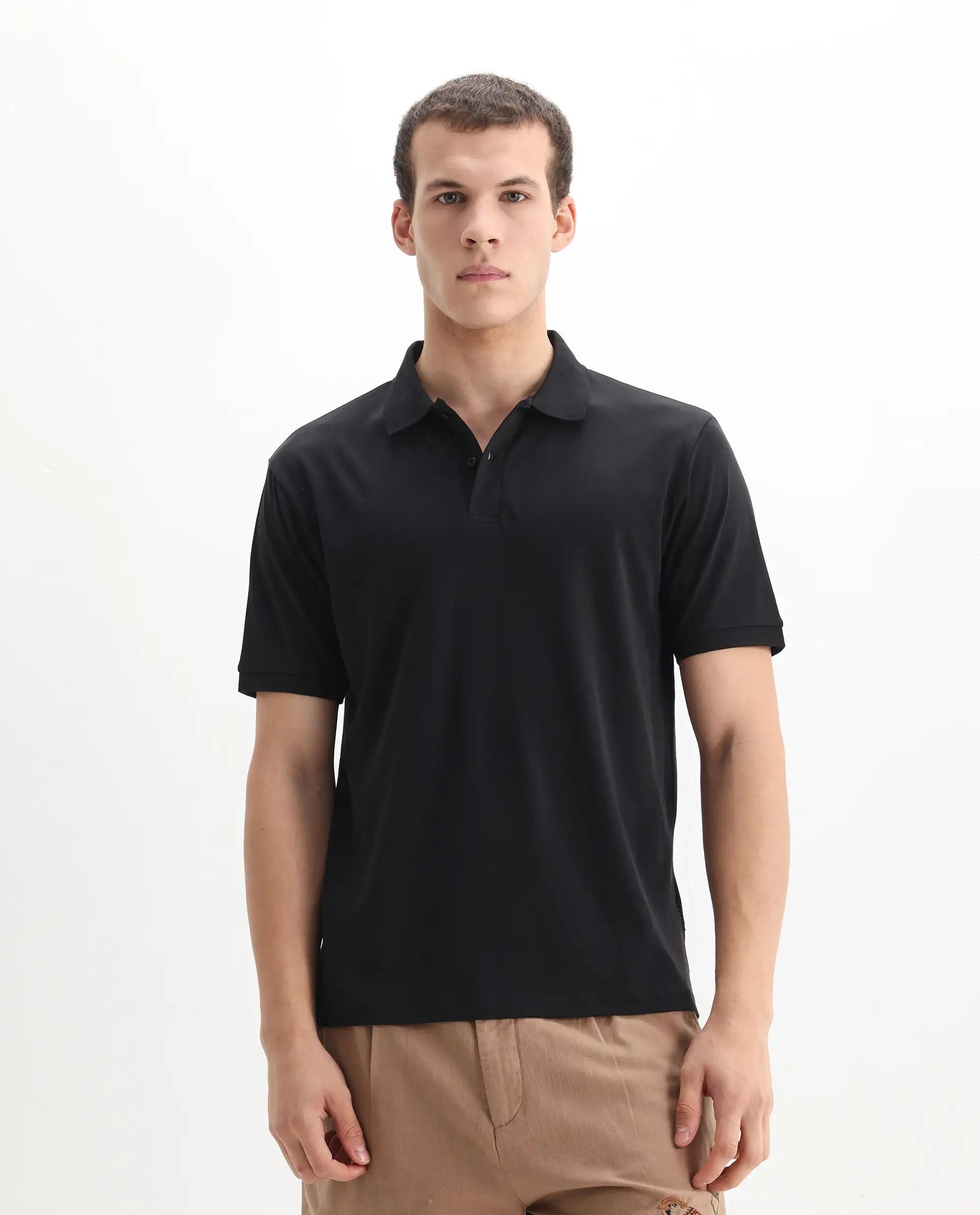 Rare Rabbit Men's Row-1 Black Cotton Plain Regular Fit Half Sleeve Polo