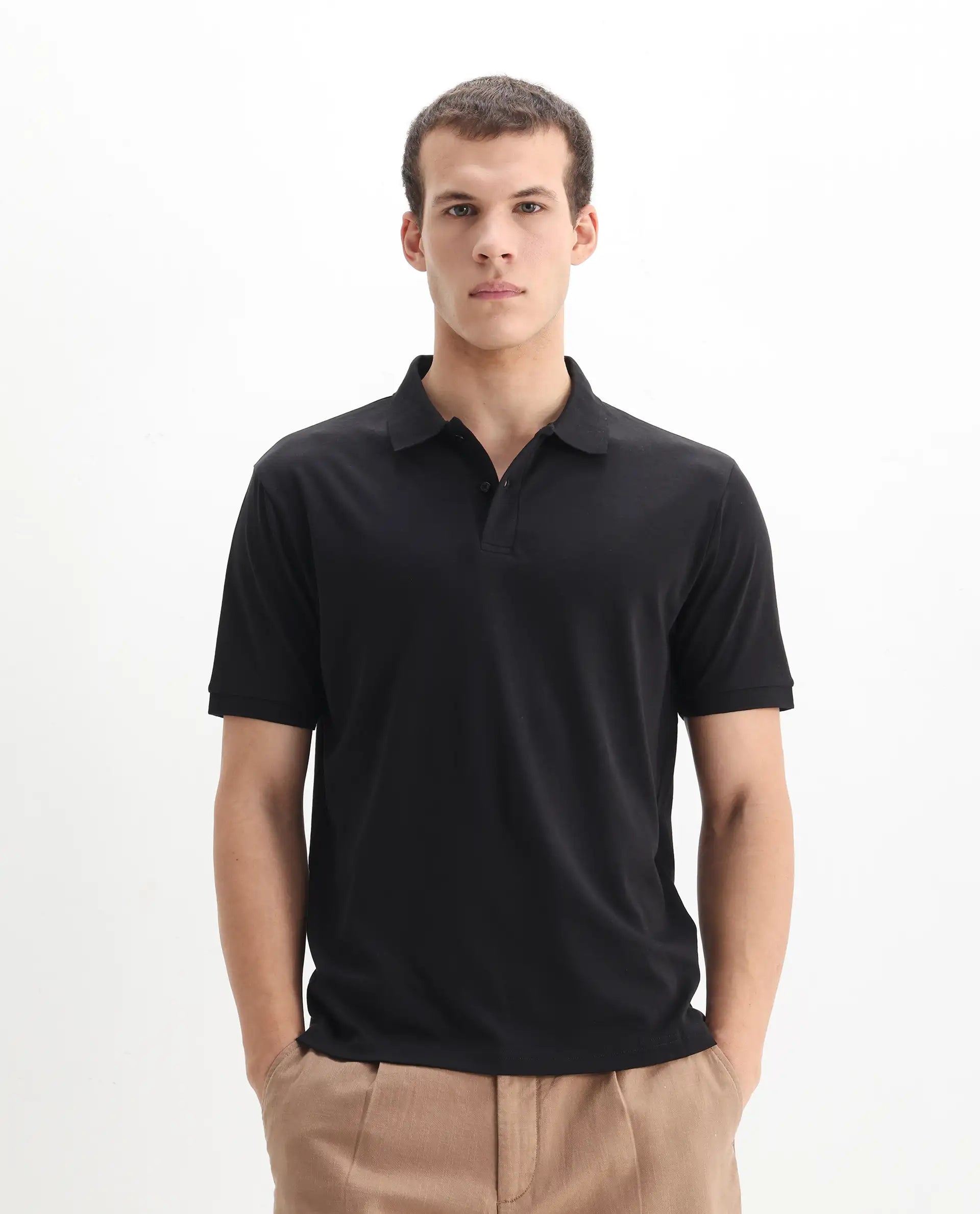 Rare Rabbit Men's Row-1 Black Cotton Plain Regular Fit Half Sleeve Polo