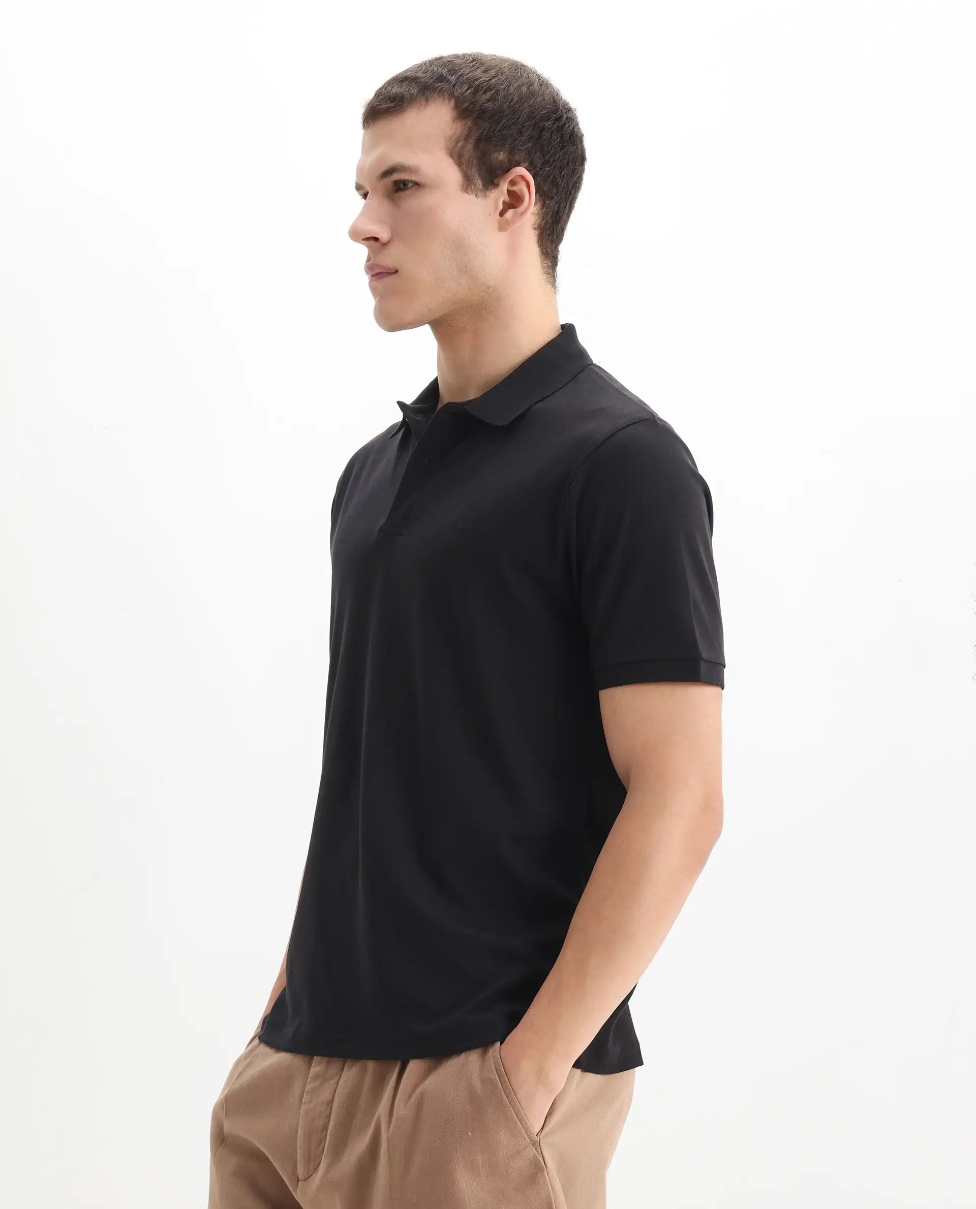 Rare Rabbit Men's Row-1 Black Cotton Plain Regular Fit Half Sleeve Polo