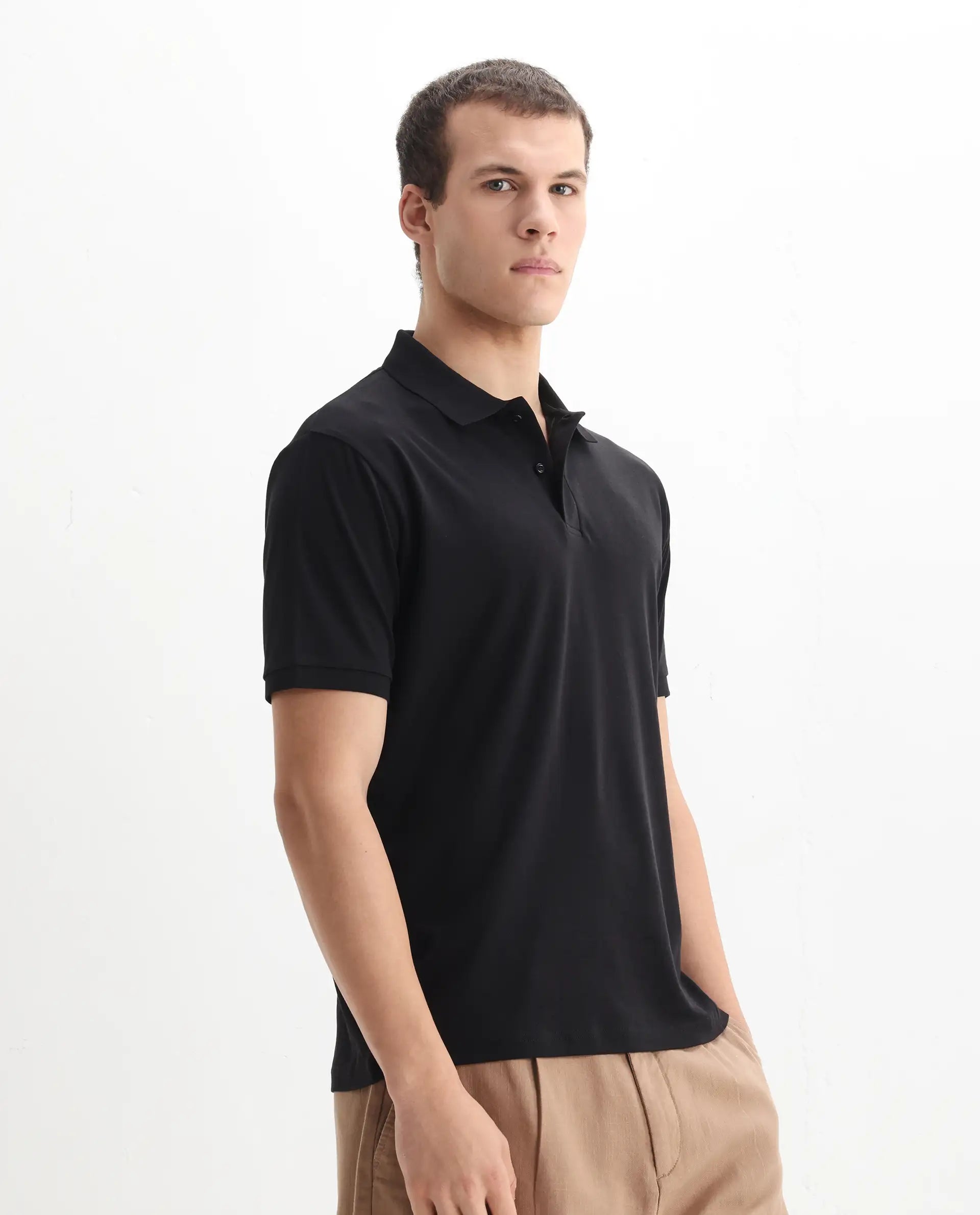 Rare Rabbit Men's Row-1 Black Cotton Plain Regular Fit Half Sleeve Polo