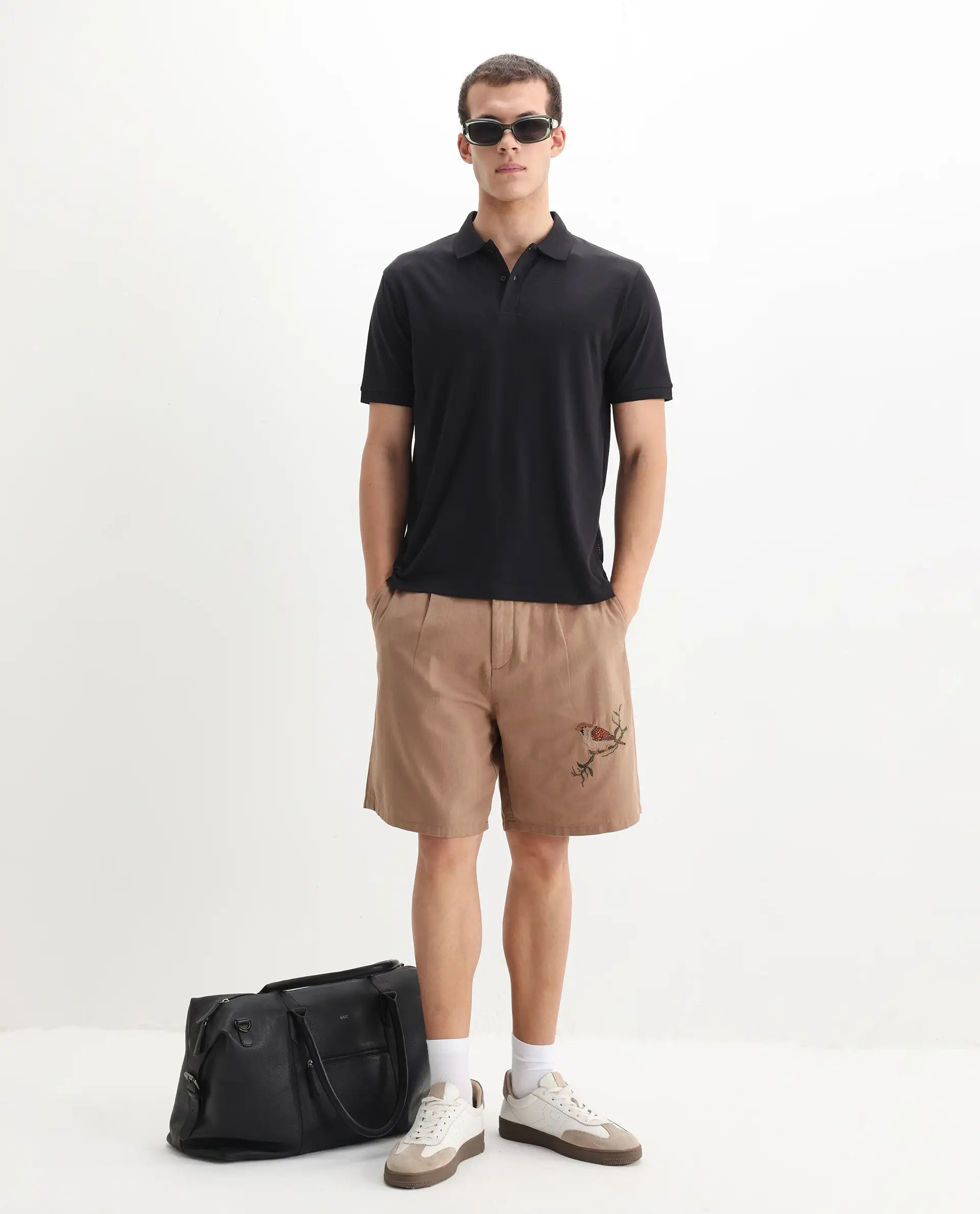 Rare Rabbit Men's Row-1 Black Cotton Plain Regular Fit Half Sleeve Polo