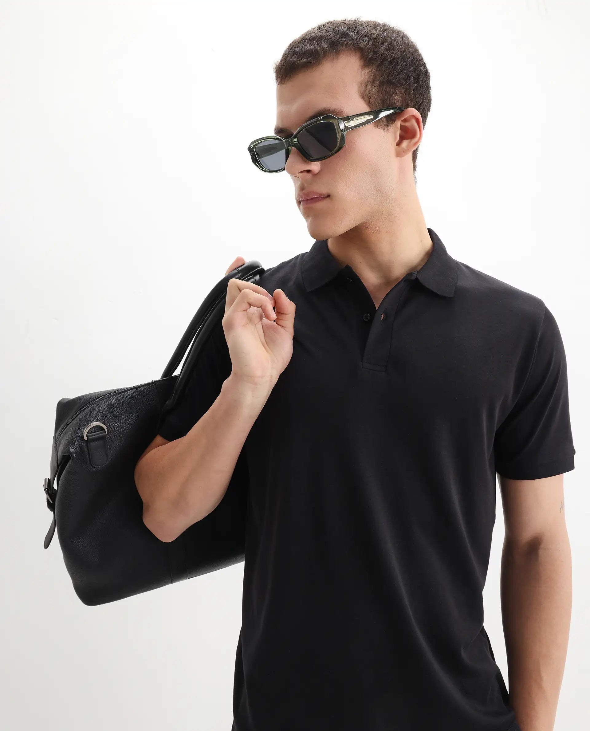 Rare Rabbit Men's Row-1 Black Cotton Plain Regular Fit Half Sleeve Polo