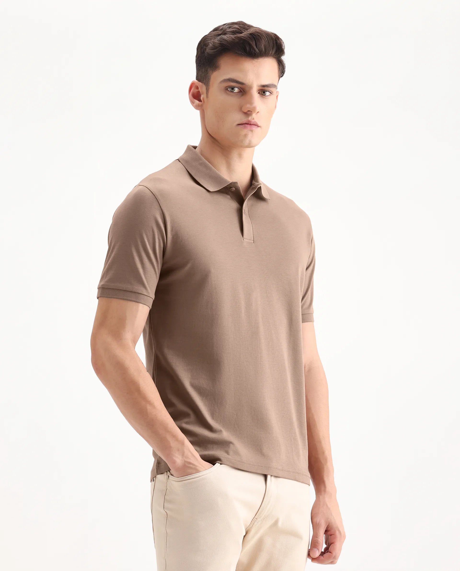 Rare Rabbit Men's Row Dusky Brown Cotton Plain Regular Fit Half Sleeve Polo