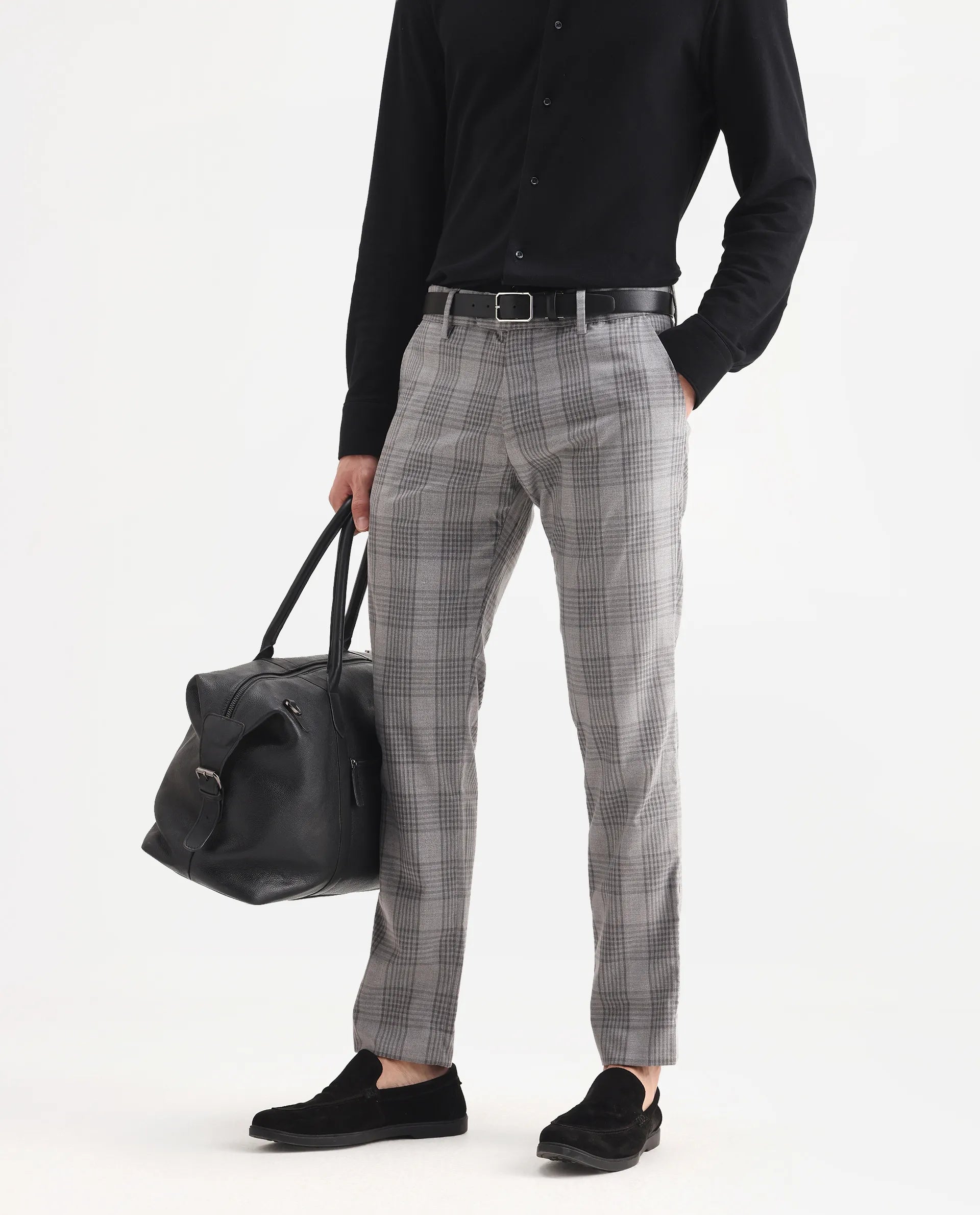 Rare Rabbit Men's Rowe Grey Polyester Checked Print Regular Fit Trouser