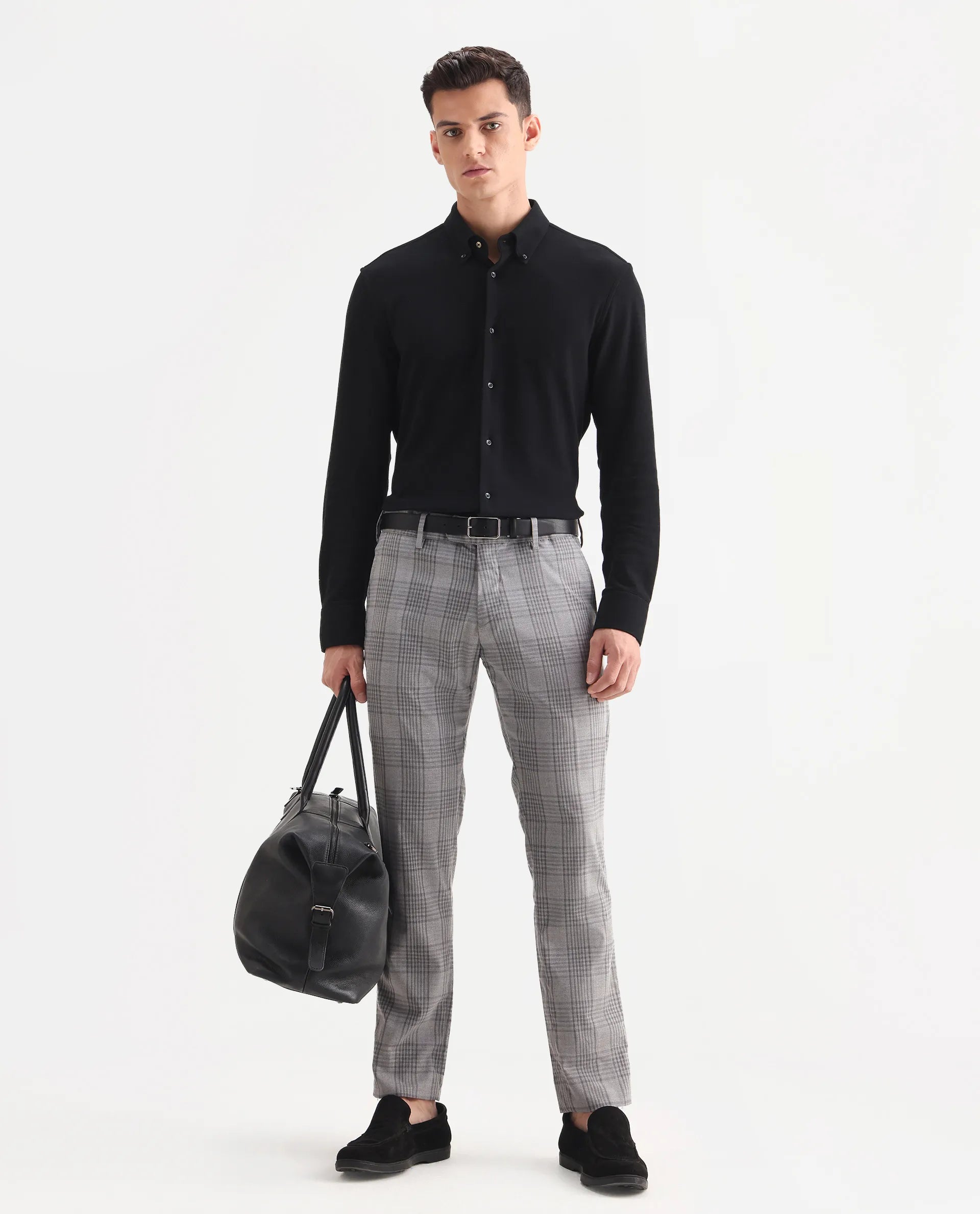 Rare Rabbit Men's Rowe Grey Polyester Checked Print Regular Fit Trouser