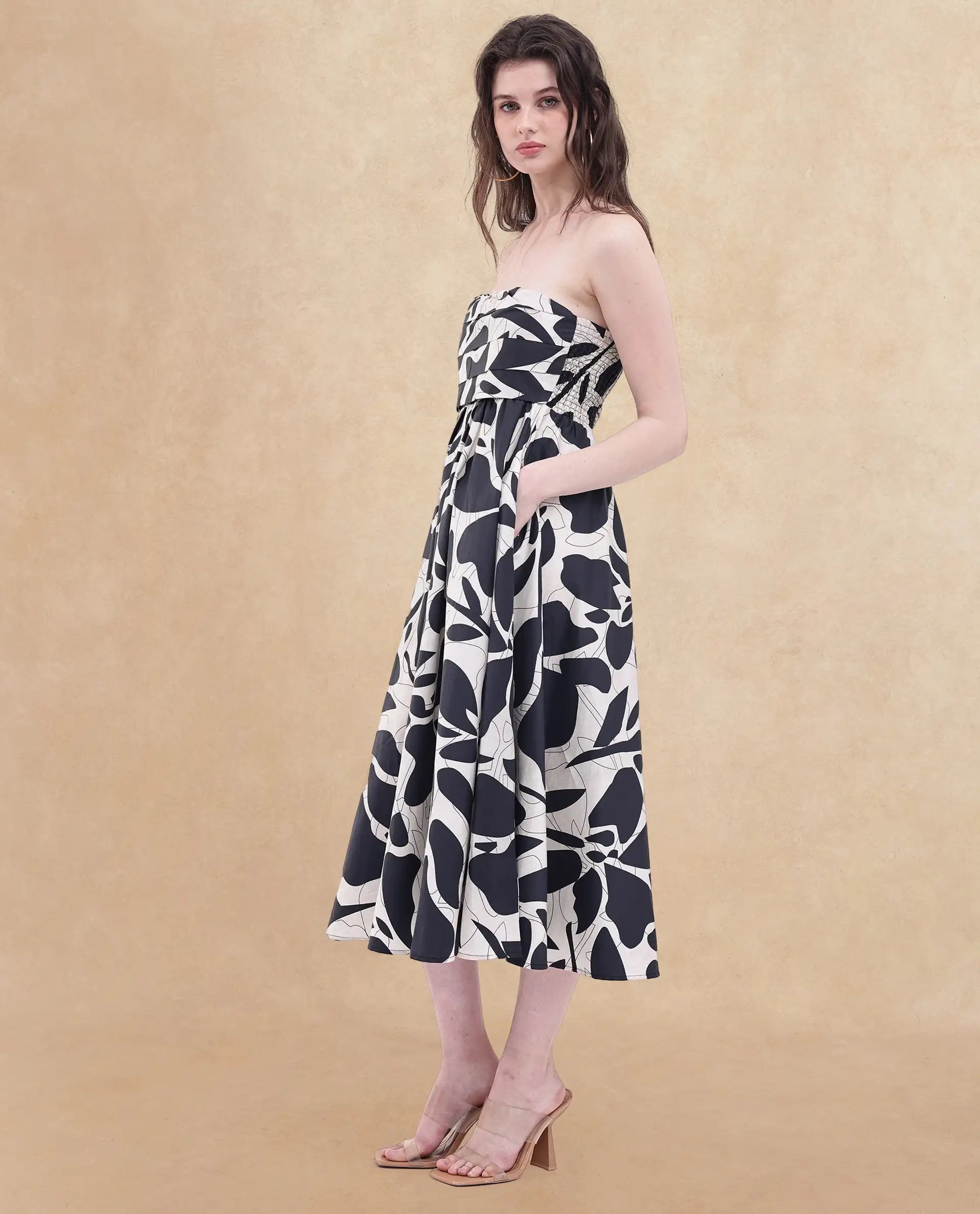 Rareism Women's Rowera Black Cotton Shoulder Strap Abstract Print Sleeveless Midi Fit And Flare Dress