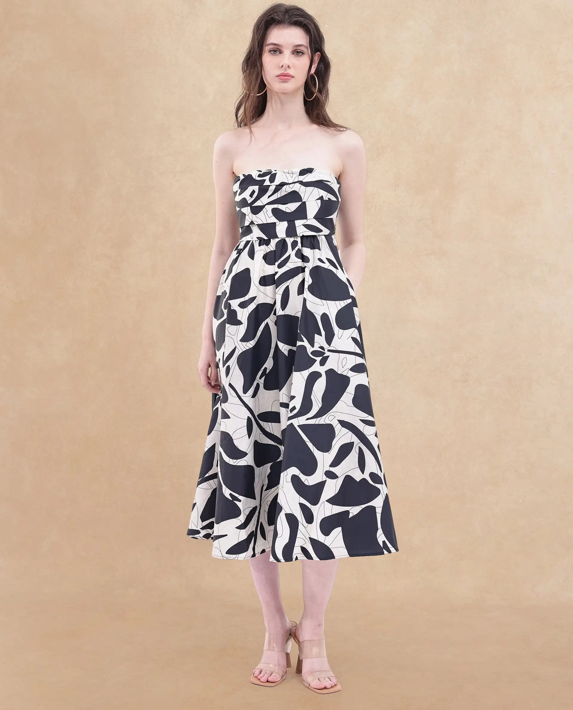 Rareism Women's Rowera Black Cotton Shoulder Strap Abstract Print Sleeveless Midi Fit And Flare Dress