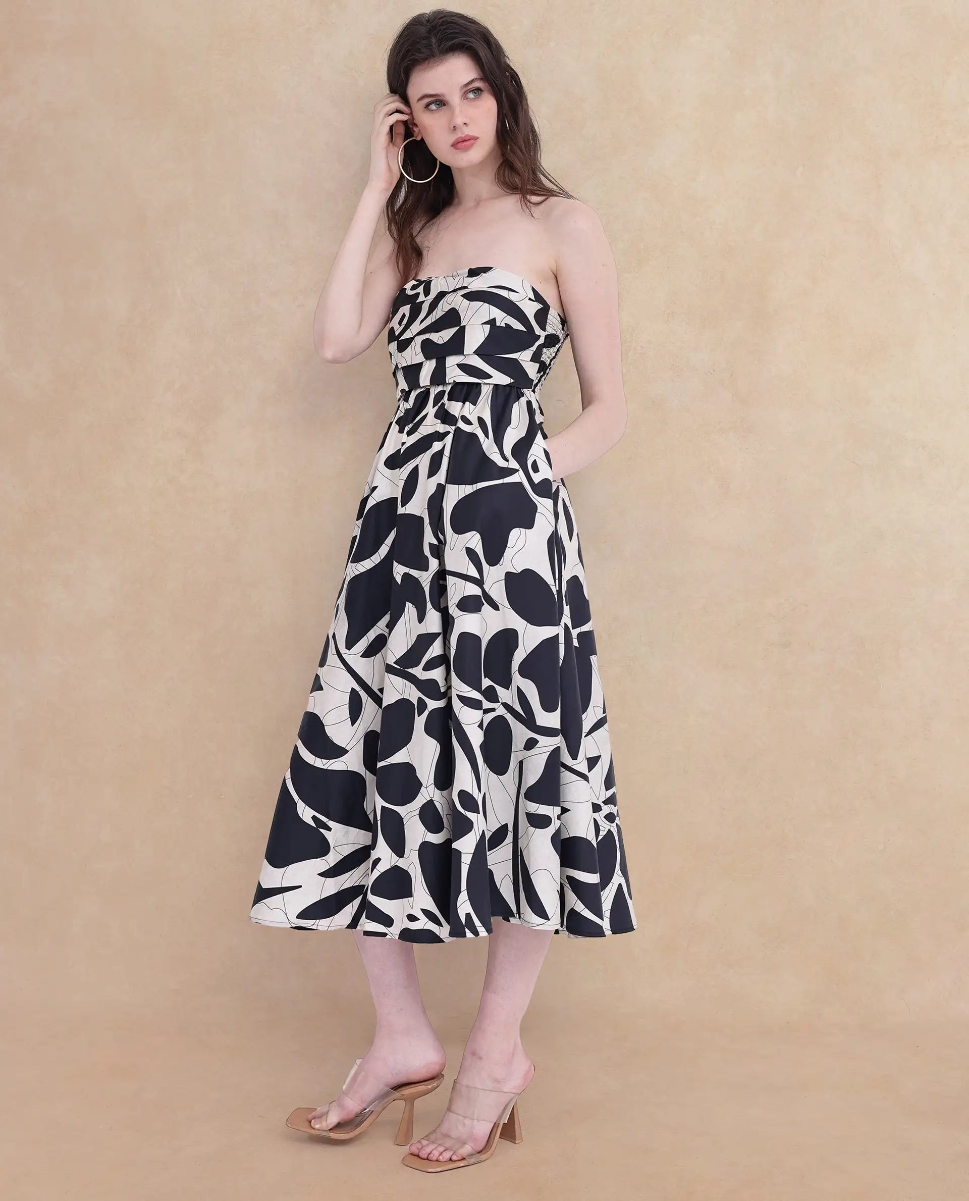 Rareism Women's Rowera Black Cotton Shoulder Strap Abstract Print Sleeveless Midi Fit And Flare Dress