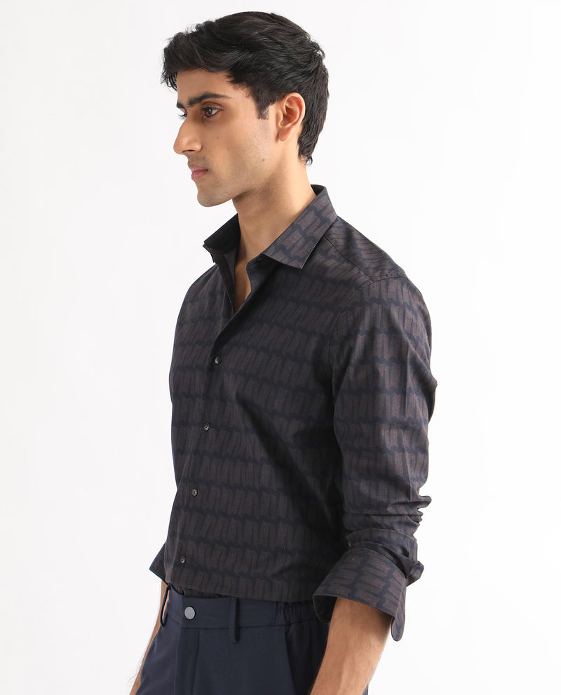 Rare Rabbit Men's Rows Brown Polyester Viscose Lycra Fabric Geometric Print Full Sleeves Shirt