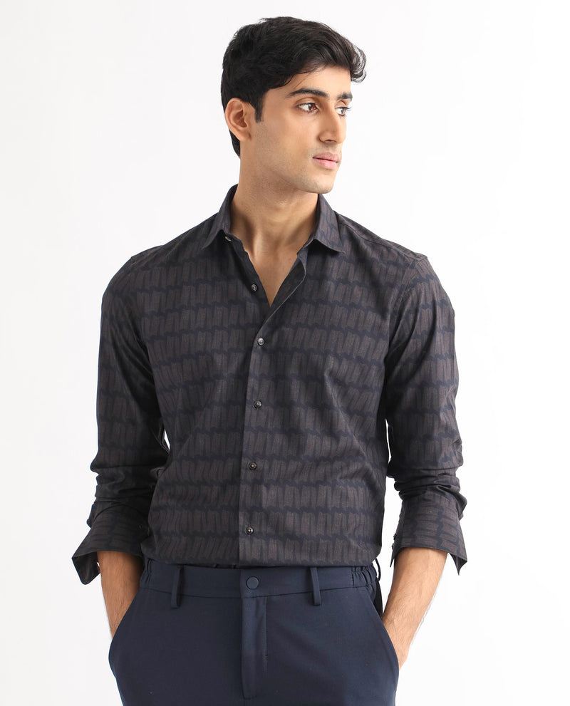 Rare Rabbit Men's Rows Brown Polyester Viscose Lycra Fabric Geometric Print Full Sleeves Shirt