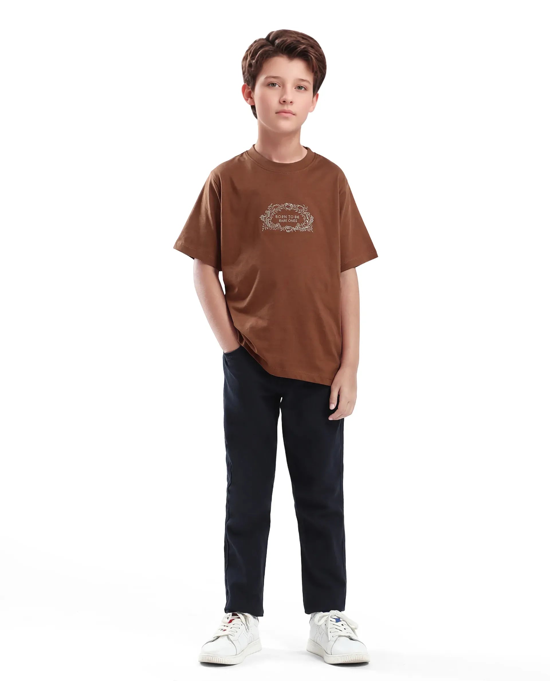 Rare Ones Kids Roxie Light Brown Cotton Half Sleeve Embroidered Slip-On Closure Regular Fit T-Shirt