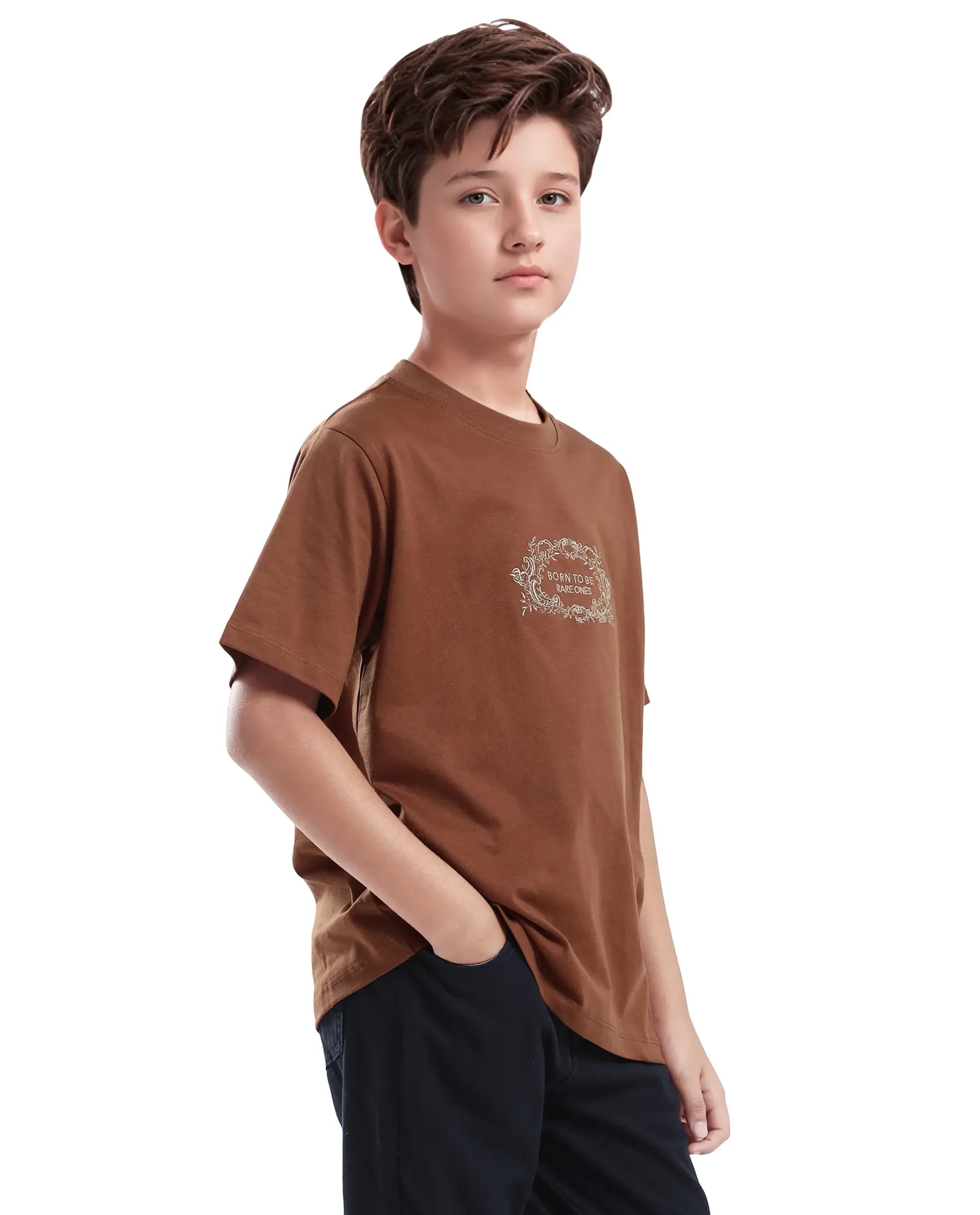 Rare Ones Kids Roxie Light Brown Cotton Half Sleeve Embroidered Slip-On Closure Regular Fit T-Shirt