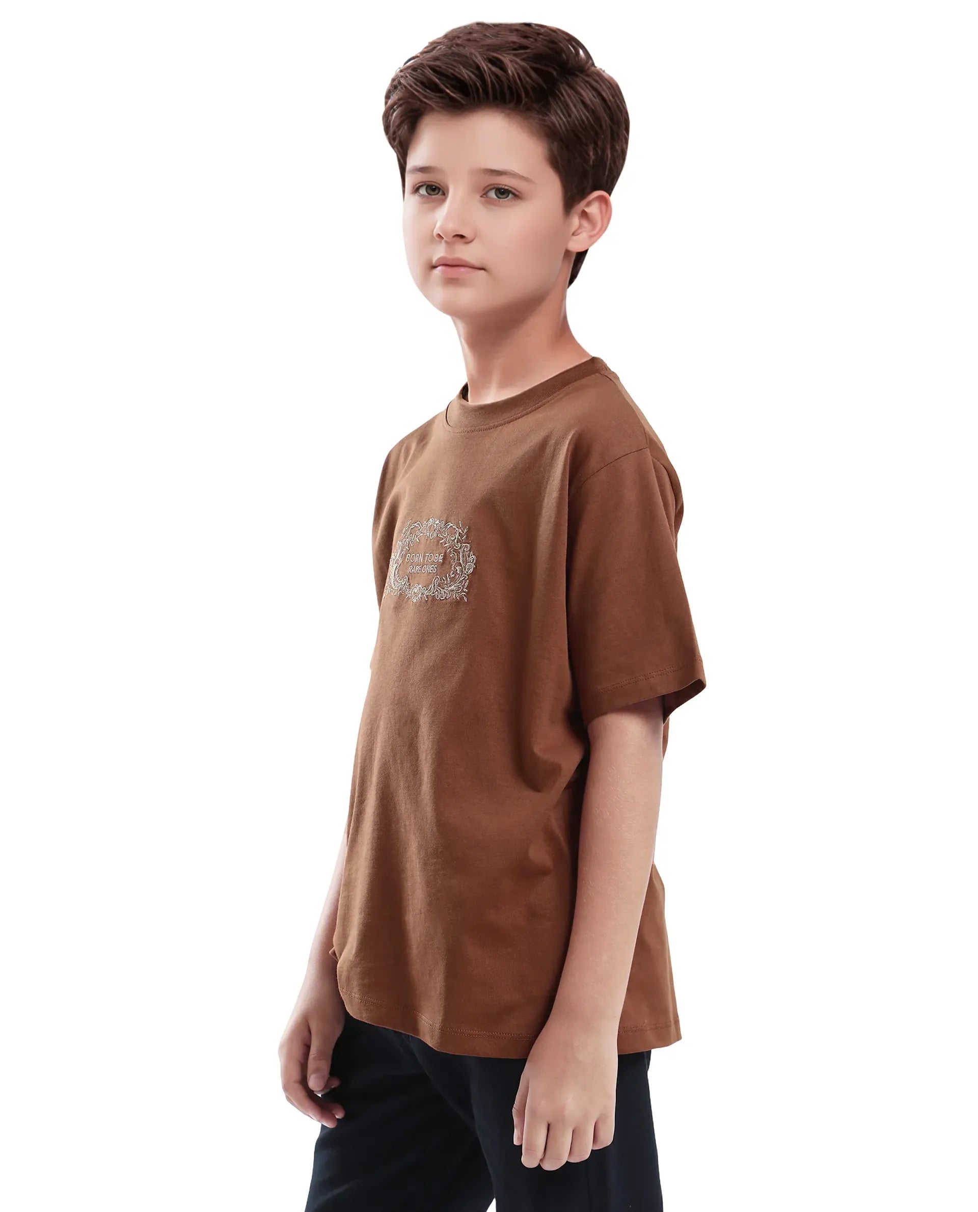 Rare Ones Kids Roxie Light Brown Cotton Half Sleeve Embroidered Slip-On Closure Regular Fit T-Shirt