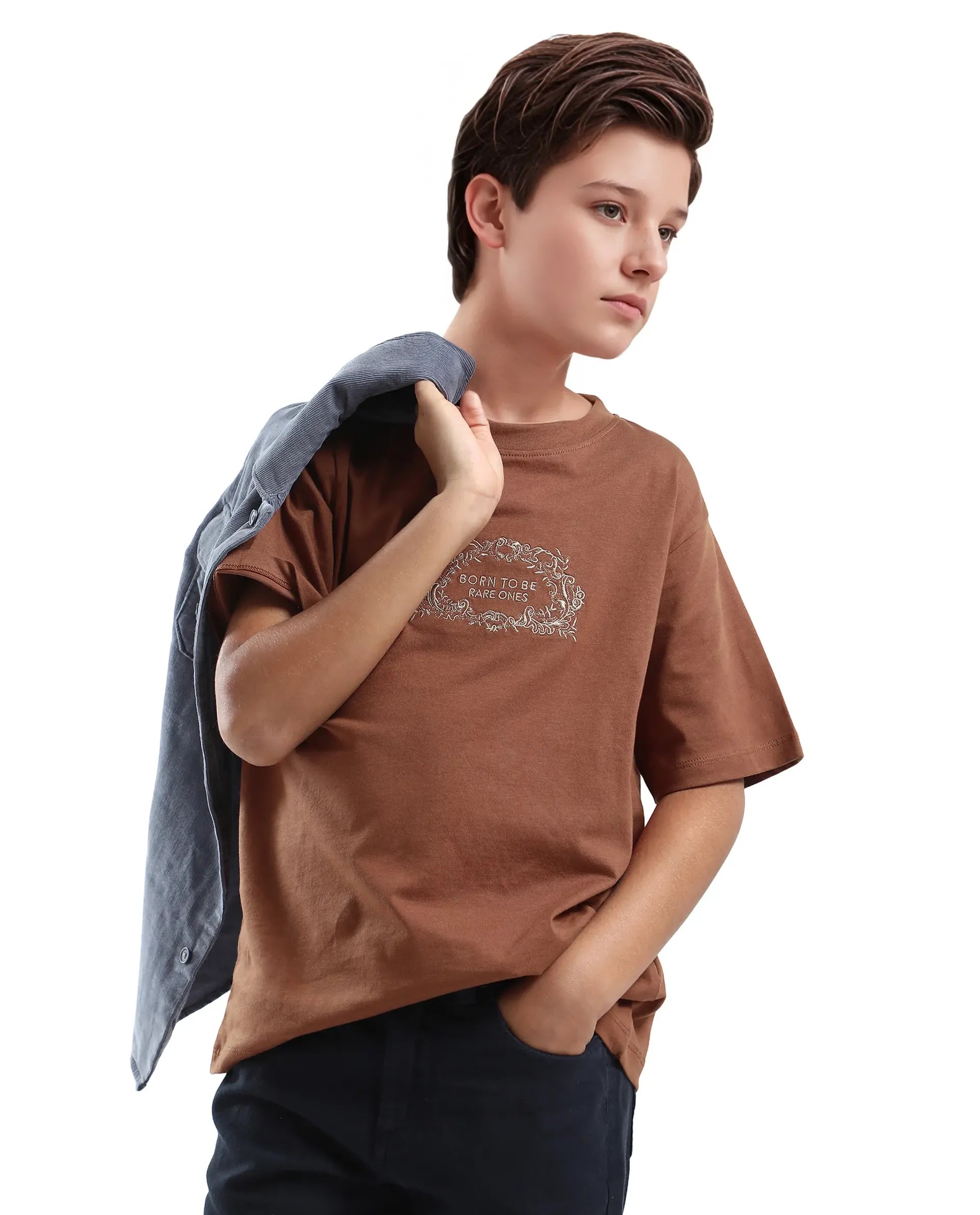 Rare Ones Kids Roxie Light Brown Cotton Half Sleeve Embroidered Slip-On Closure Regular Fit T-Shirt