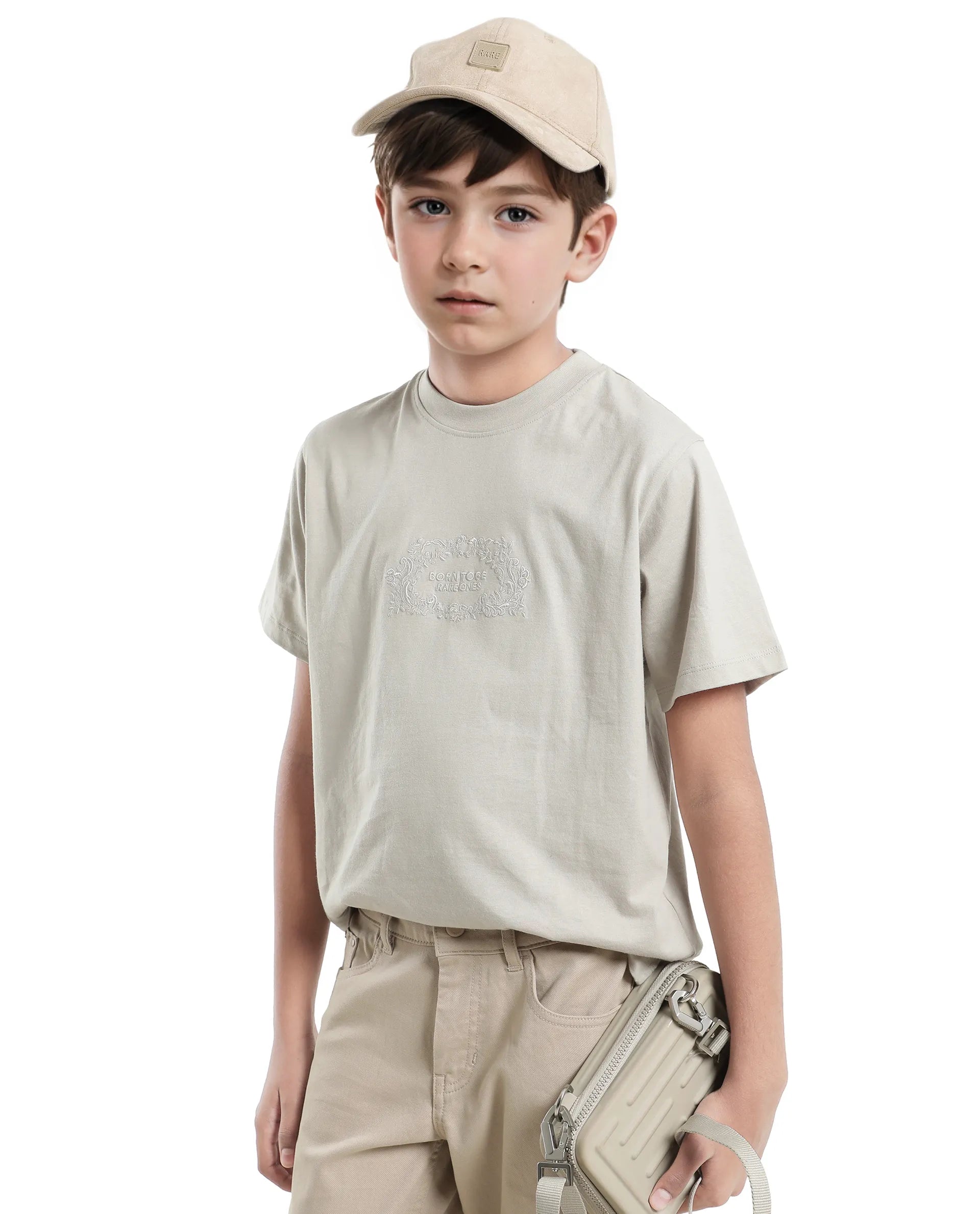 Rare Ones Kids Roxie Light Grey Cotton Half Sleeve Embroidered Slip-On Closure Regular Fit T-Shirt