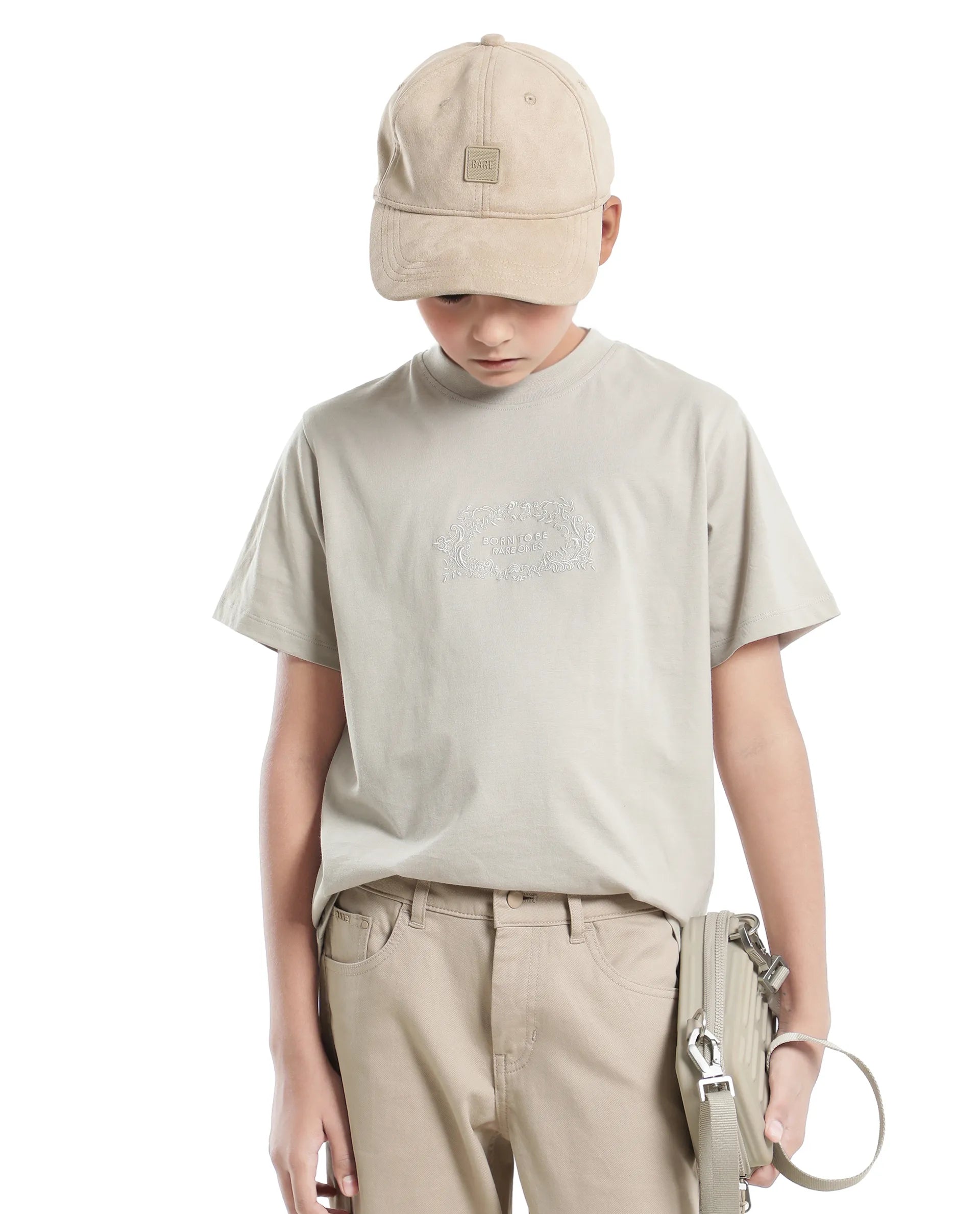 Rare Ones Kids Roxie Light Grey Cotton Half Sleeve Embroidered Slip-On Closure Regular Fit T-Shirt