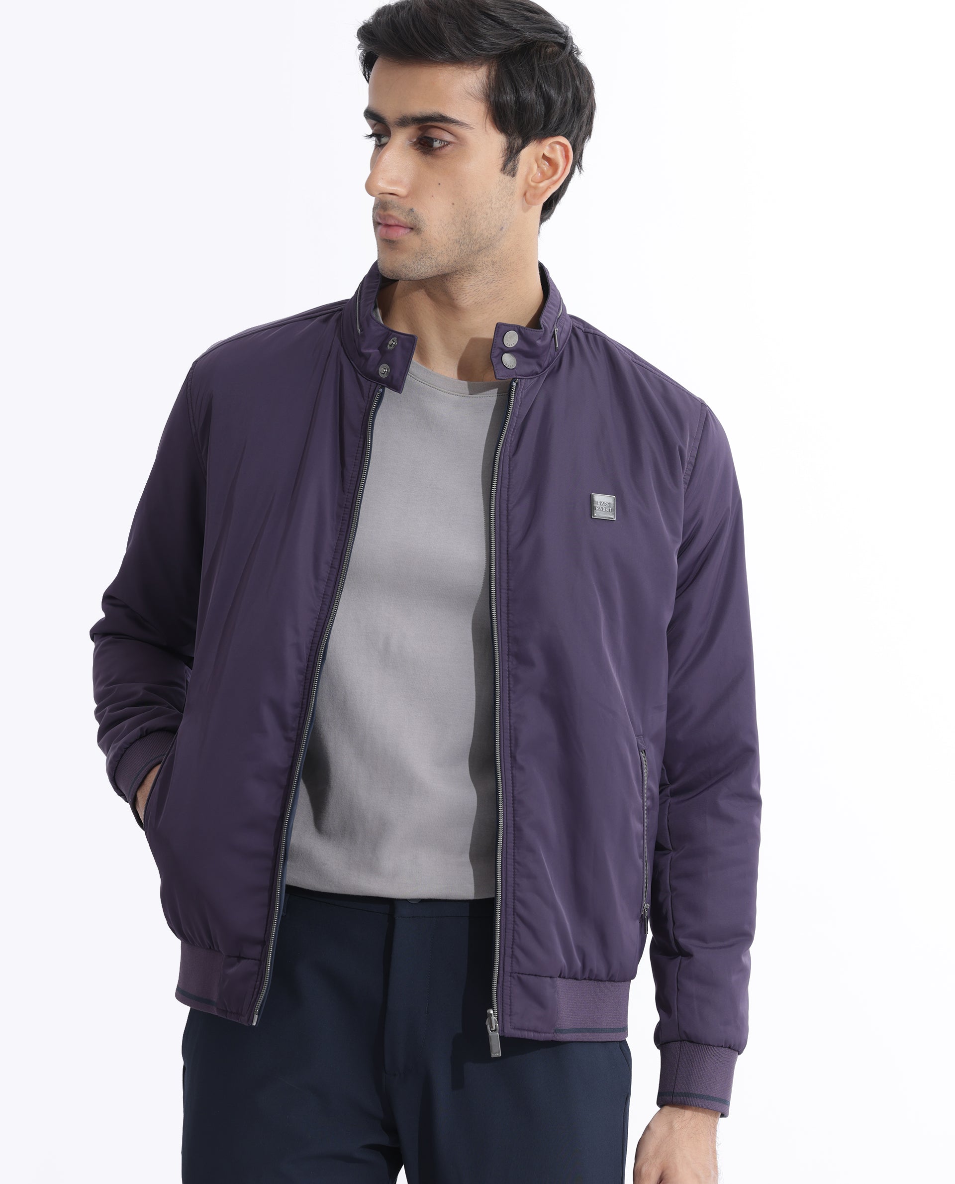 Rare Rabbit Men's Royban Navy Polyester Plain Regular Fit Full Sleeve Mandarin Collar Jacket