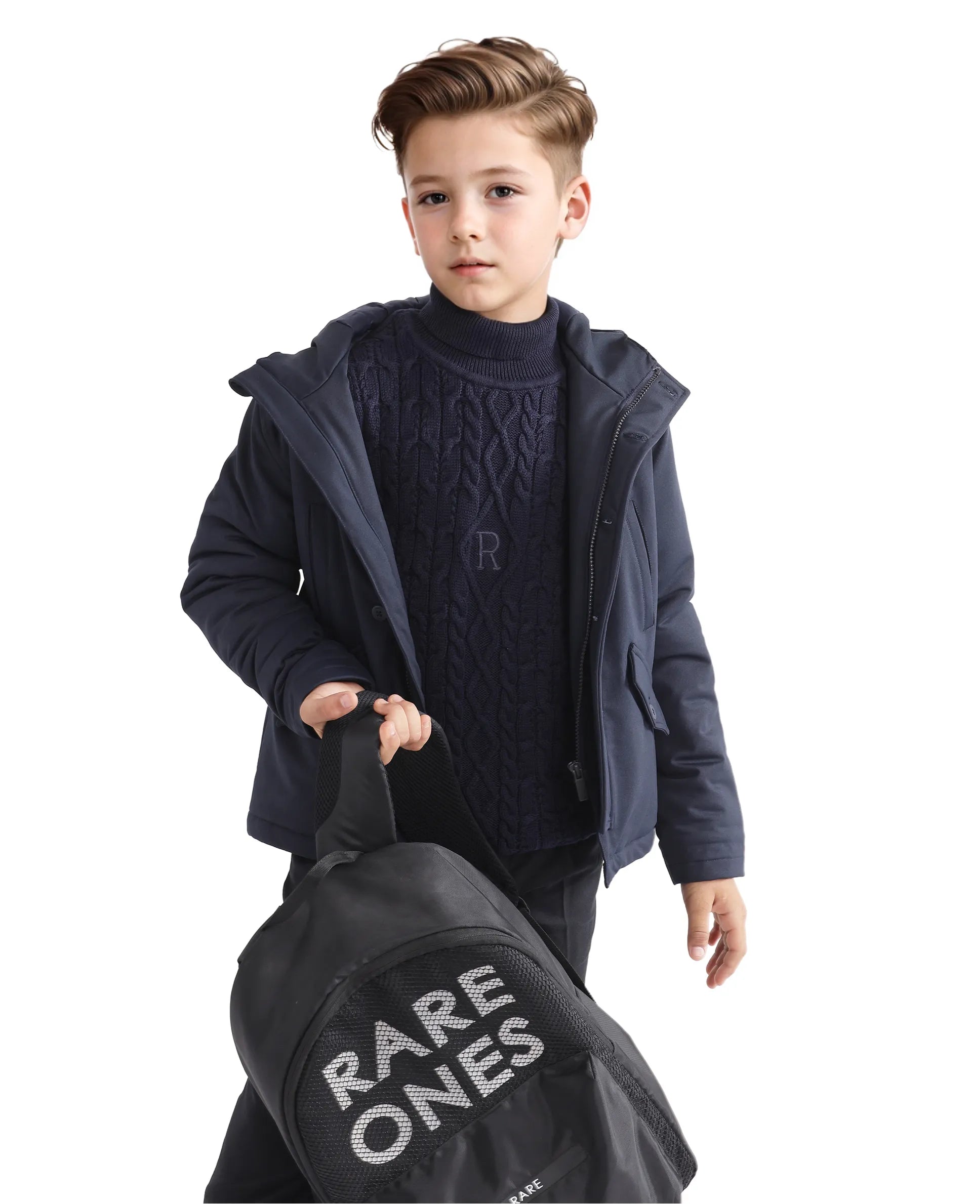 Rare Ones Kids Royce Navy Full Sleeve Cotton Zipper Regular Fit Solid Jacket