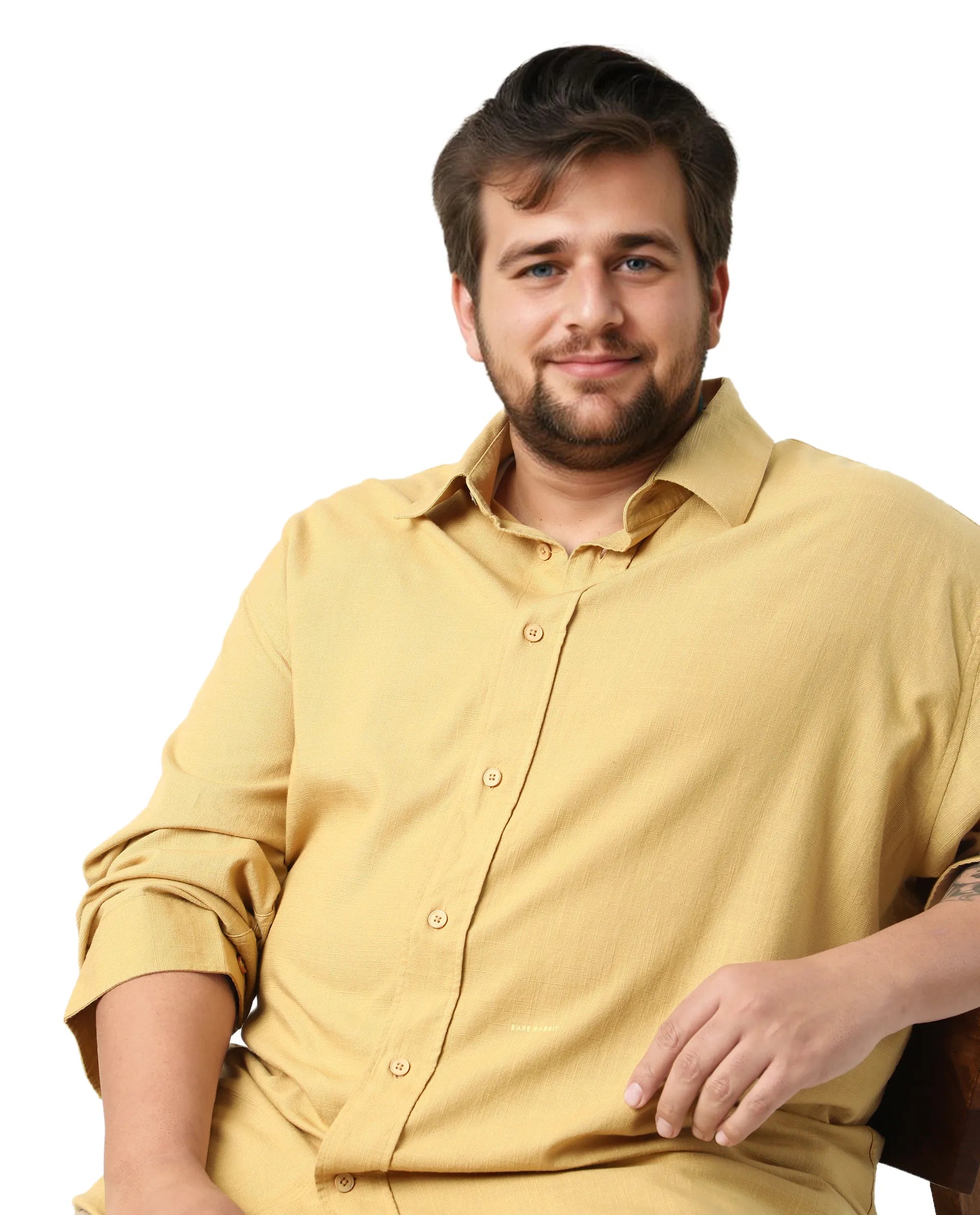 Rare Rabbit Men's Royo Big Mustard Cotton Blend Fabric Full Sleeve Spread Collar Button Closure Regular Fit Textured Shirt