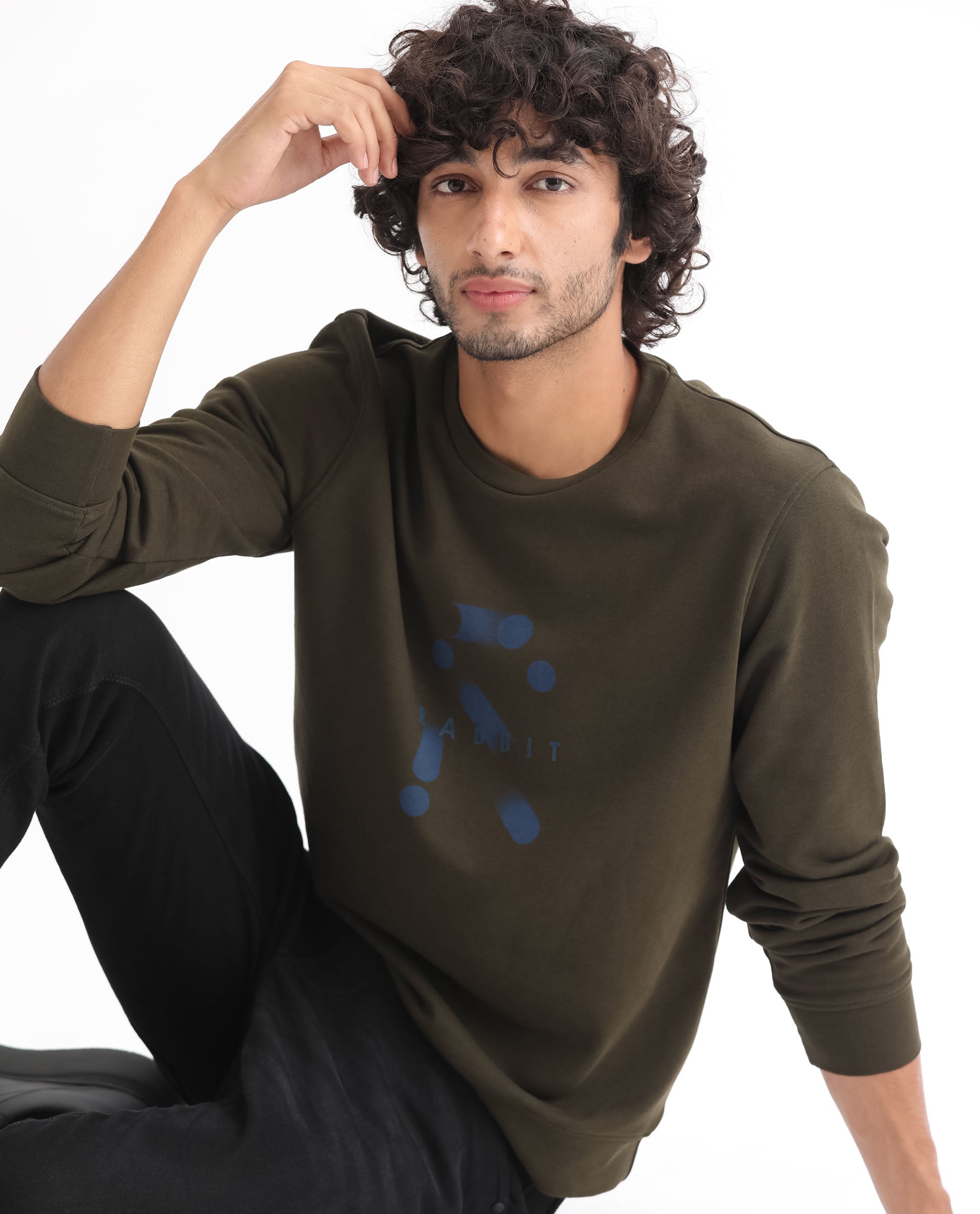 Rare Rabbit Men's Dunsto Olive Cotton Polyester Fabric Full Sleeves Graphic Print Knitted Sweatshirt