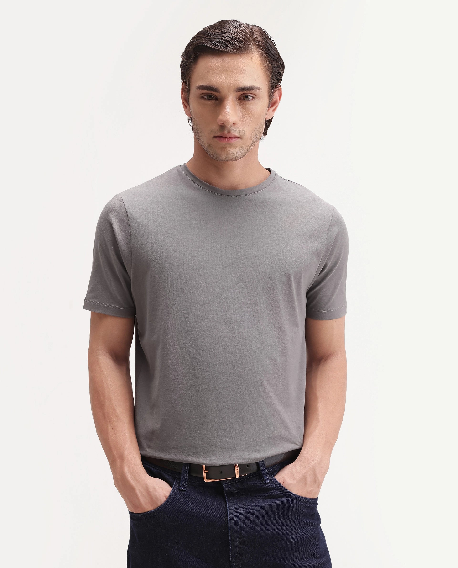 Rare Rabbit Men's Basic Rr-Corp-Arve Grey Cotton Crew Neck Regular Plain T-Shirt