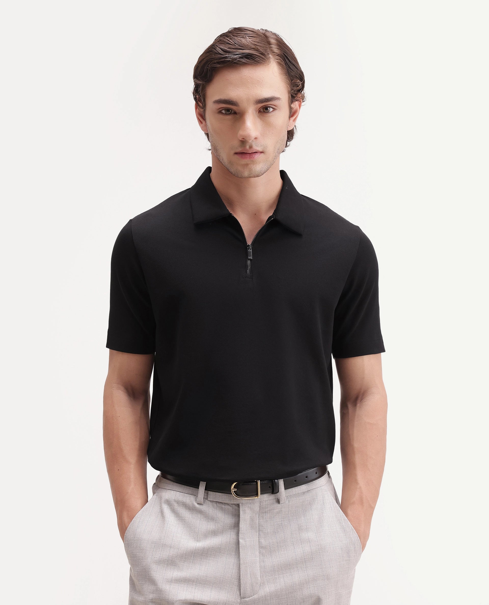 Rare Rabbit Men's Basic Rr-Corp-Cove Black Cotton Blend Spread Collar Regular Plain Polo