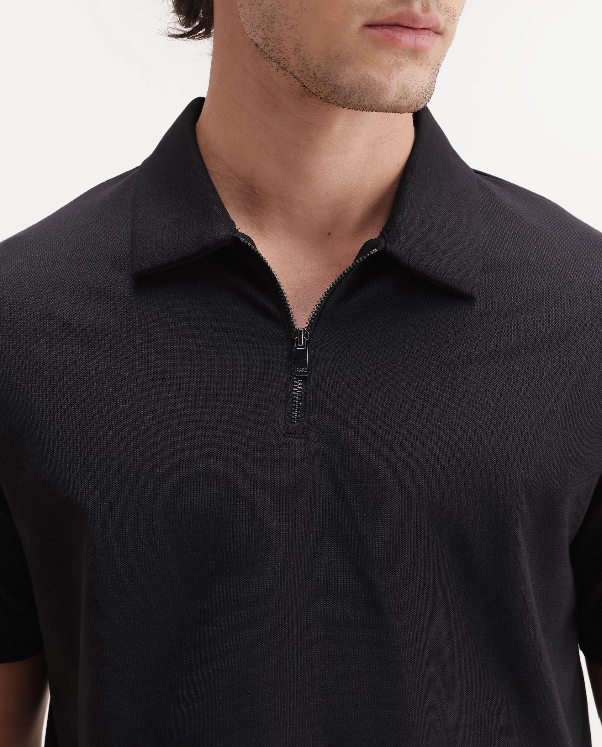 Rare Rabbit Men's Basic Rr-Corp-Cove Black Cotton Blend Spread Collar Regular Plain Polo