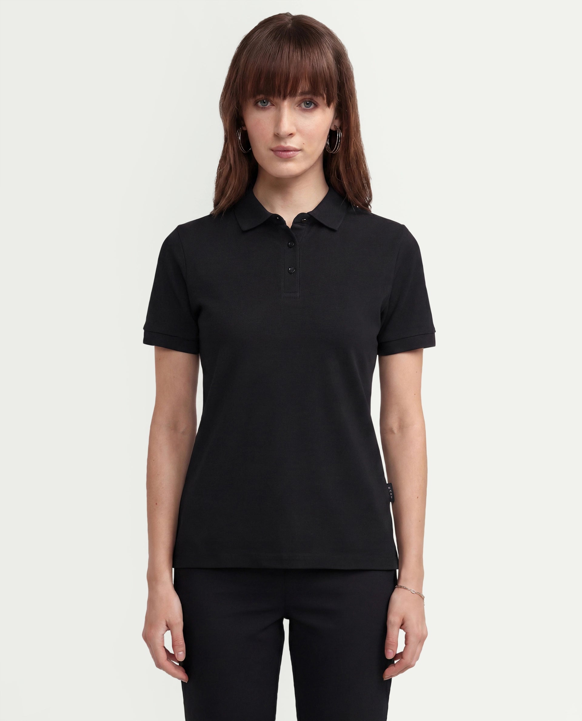 Rareism Women's Basic Rr-Corp-Elane Black Cotton CollaredRegular Plain Polo