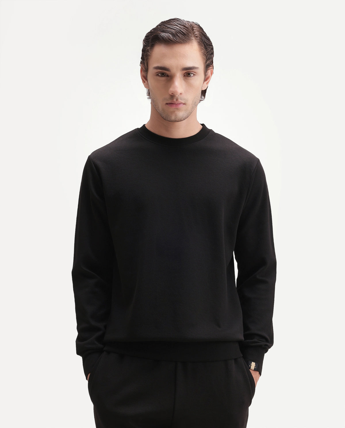 Rare Rabbit Men's Basic Rr-Corp-Harry-S Black Cotton Blend Crew Neck Regular Plain Sweatshirt