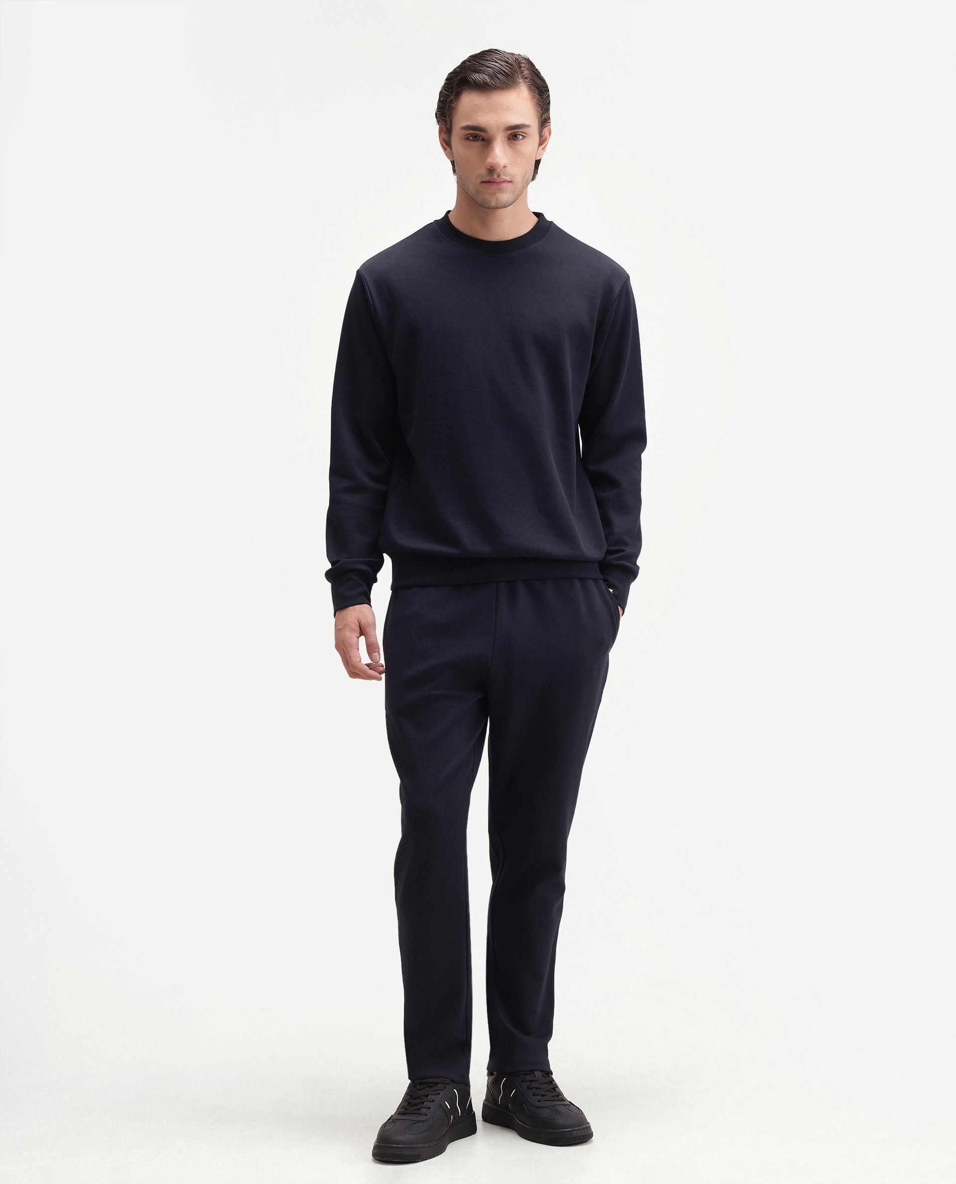 Rare Rabbit Men's Basic Rr-Corp-Harry-S Navy Cotton Blend Crew Neck Regular Plain Sweatshirt