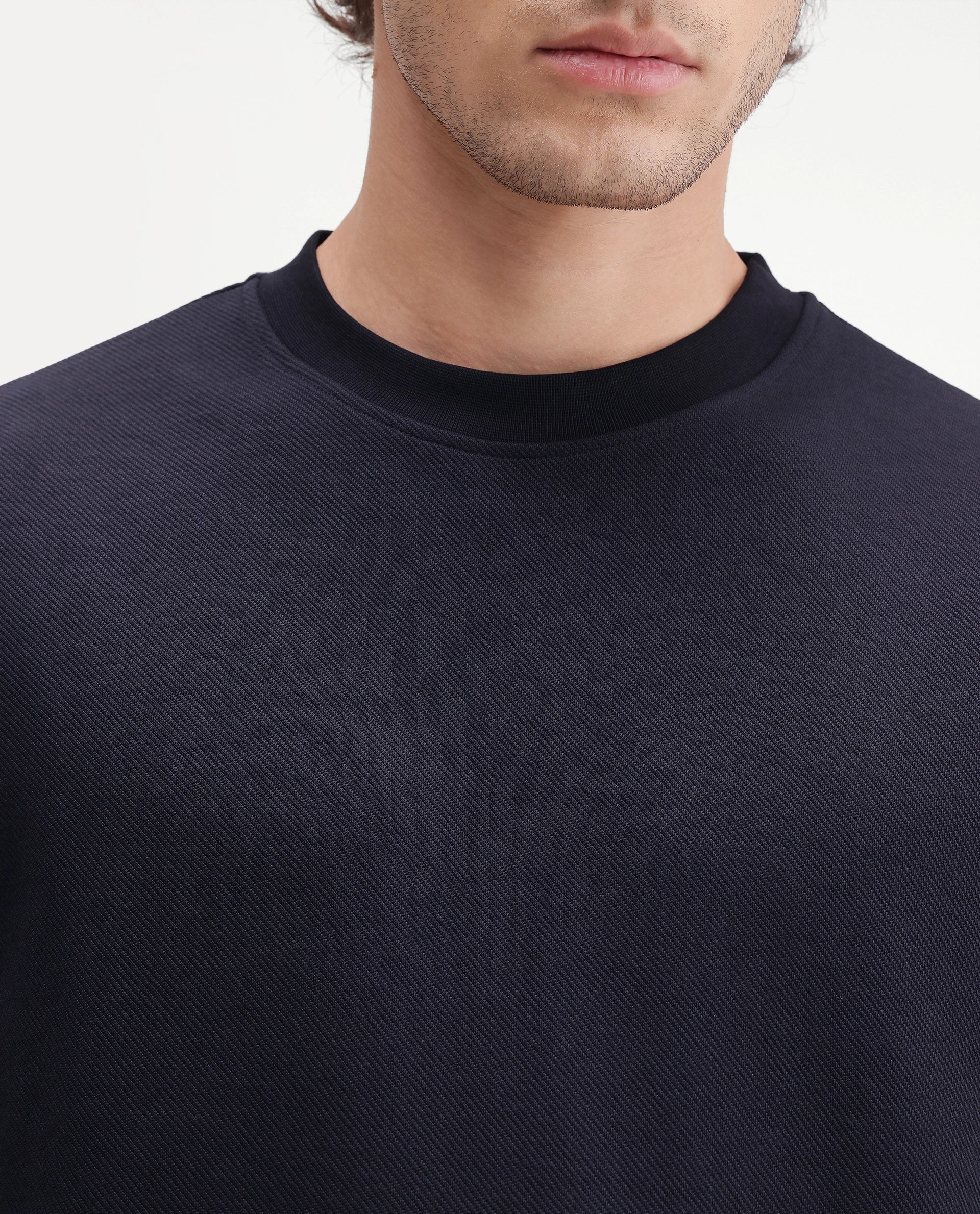 Rare Rabbit Men's Basic Rr-Corp-Harry-S Navy Cotton Blend Crew Neck Regular Plain Sweatshirt