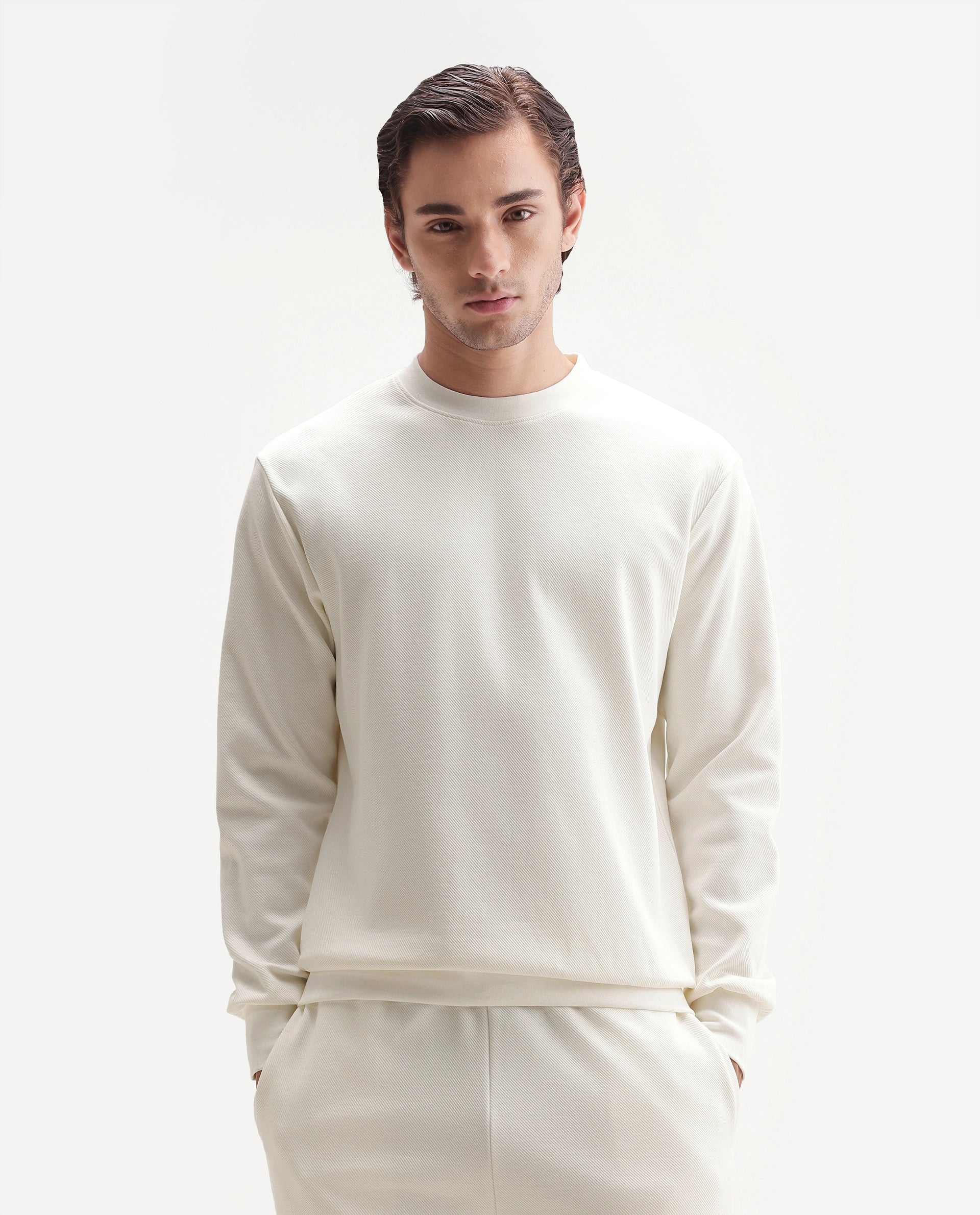 Rare Rabbit Men's Basic Rr-Corp-Harry-S Off White Cotton Blend Crew Neck Regular Plain Sweatshirt