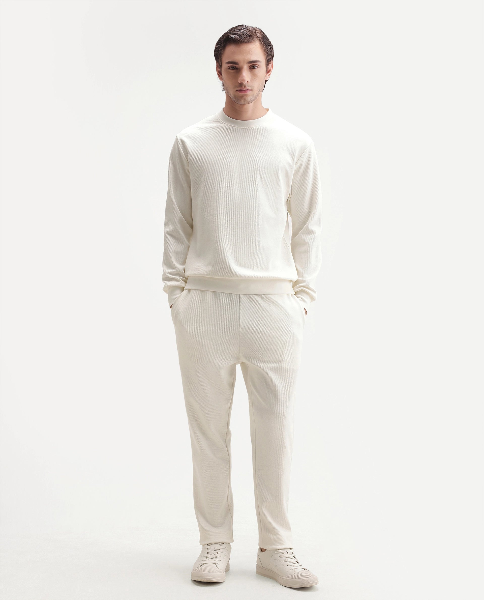 Rare Rabbit Men's Basic Rr-Corp-Harry-S Off White Cotton Blend Crew Neck Regular Plain Sweatshirt