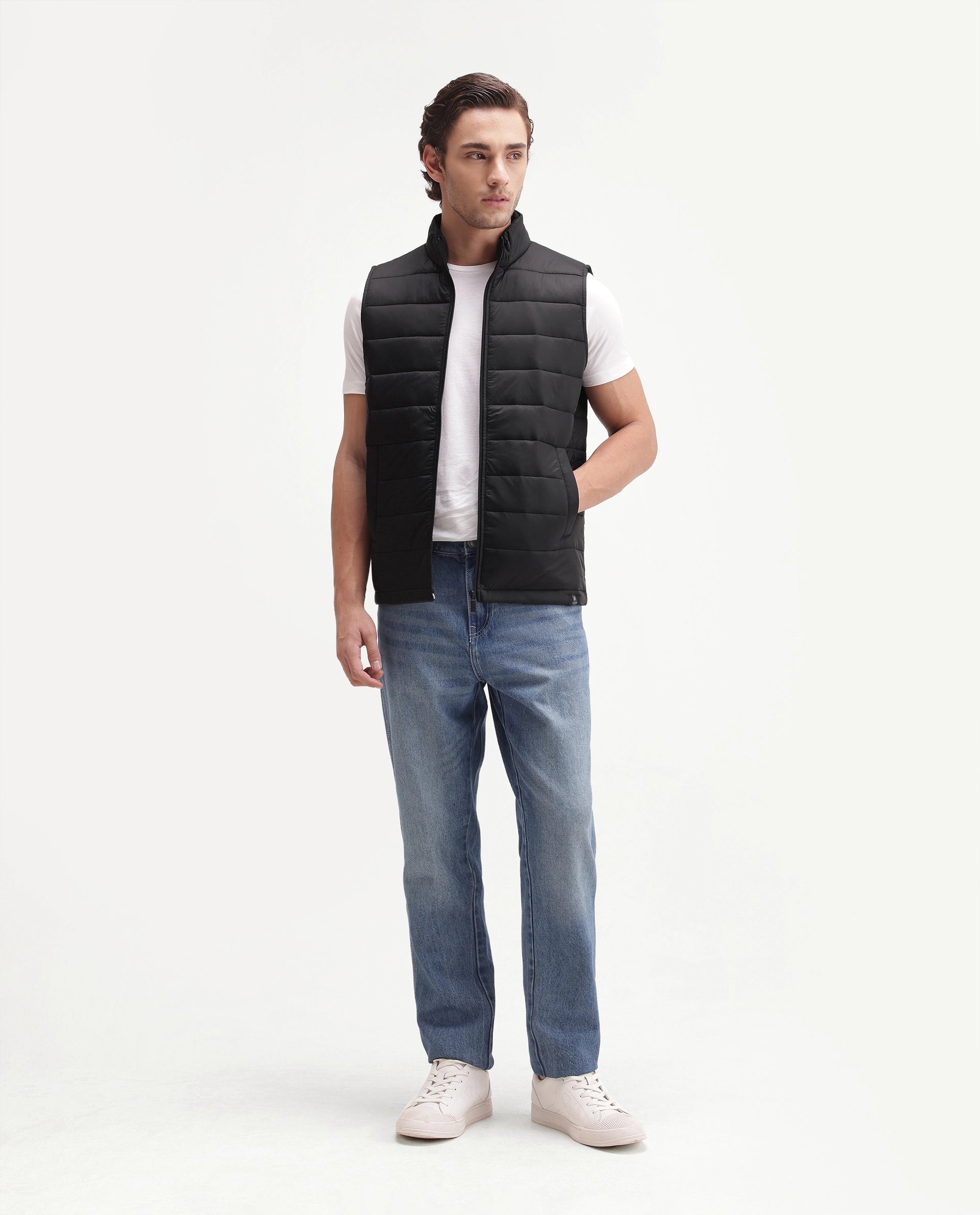 Rare Rabbit Men's Basic Corp Statement Sleeveless Jacket Black Cotton Regular Plain Jacket