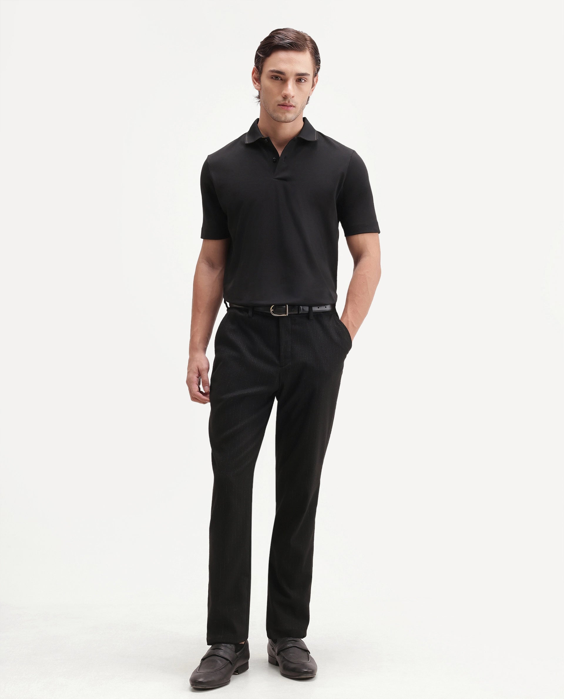 Rare Rabbit Men's Basic Rr-Corp-Tanq Black Cotton Blend Spread Collar Regular Plain Polo