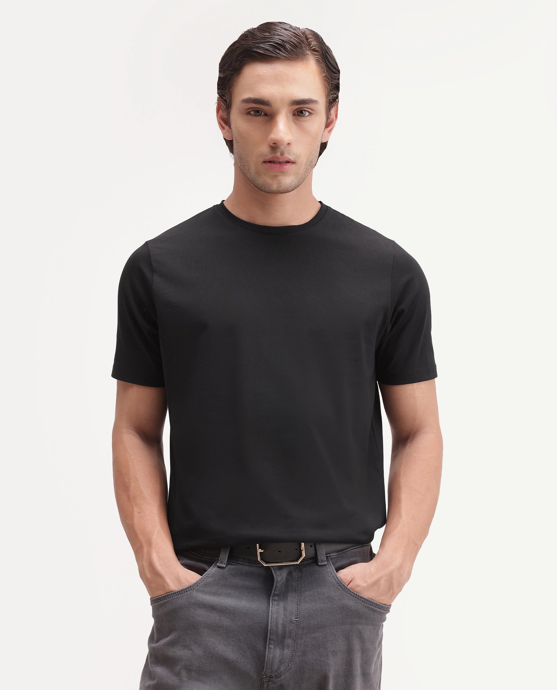 Rare Rabbit Men's Basic Rr-Corp-Arve Black Cotton Crew Neck Regular Plain T-Shirt