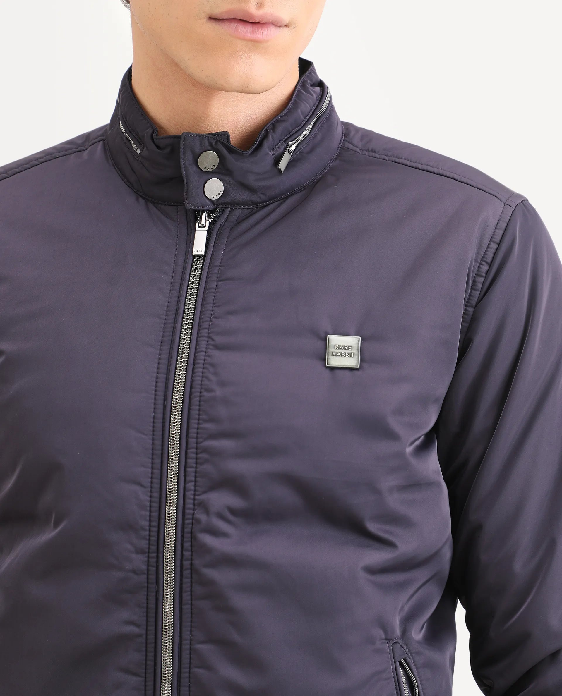 Rare Rabbit Men's Royban Navy Polyester Plain Regular Fit Full Sleeve Mandarin Collar Jacket