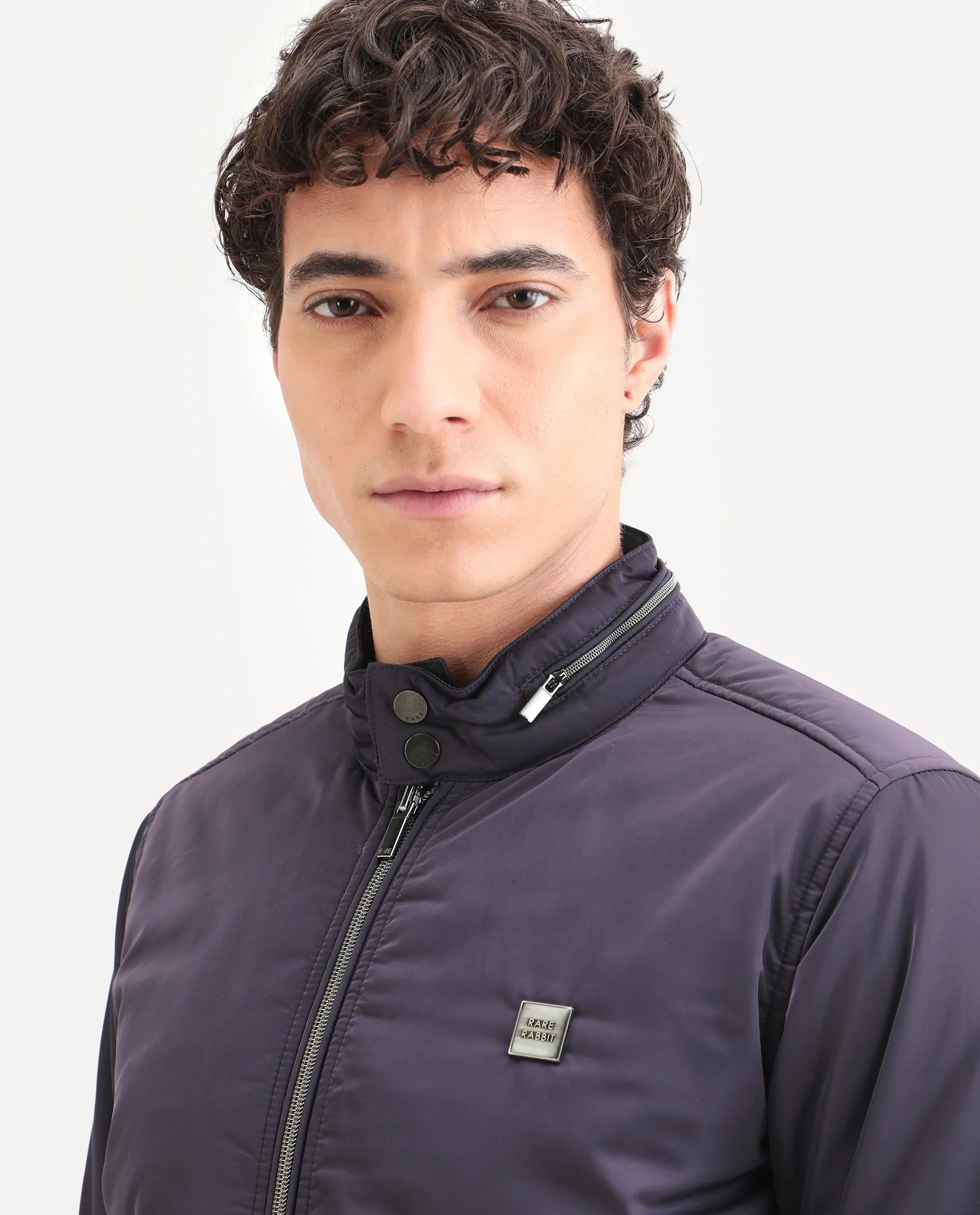 Rare Rabbit Men's Royban Navy Polyester Plain Regular Fit Full Sleeve Mandarin Collar Jacket