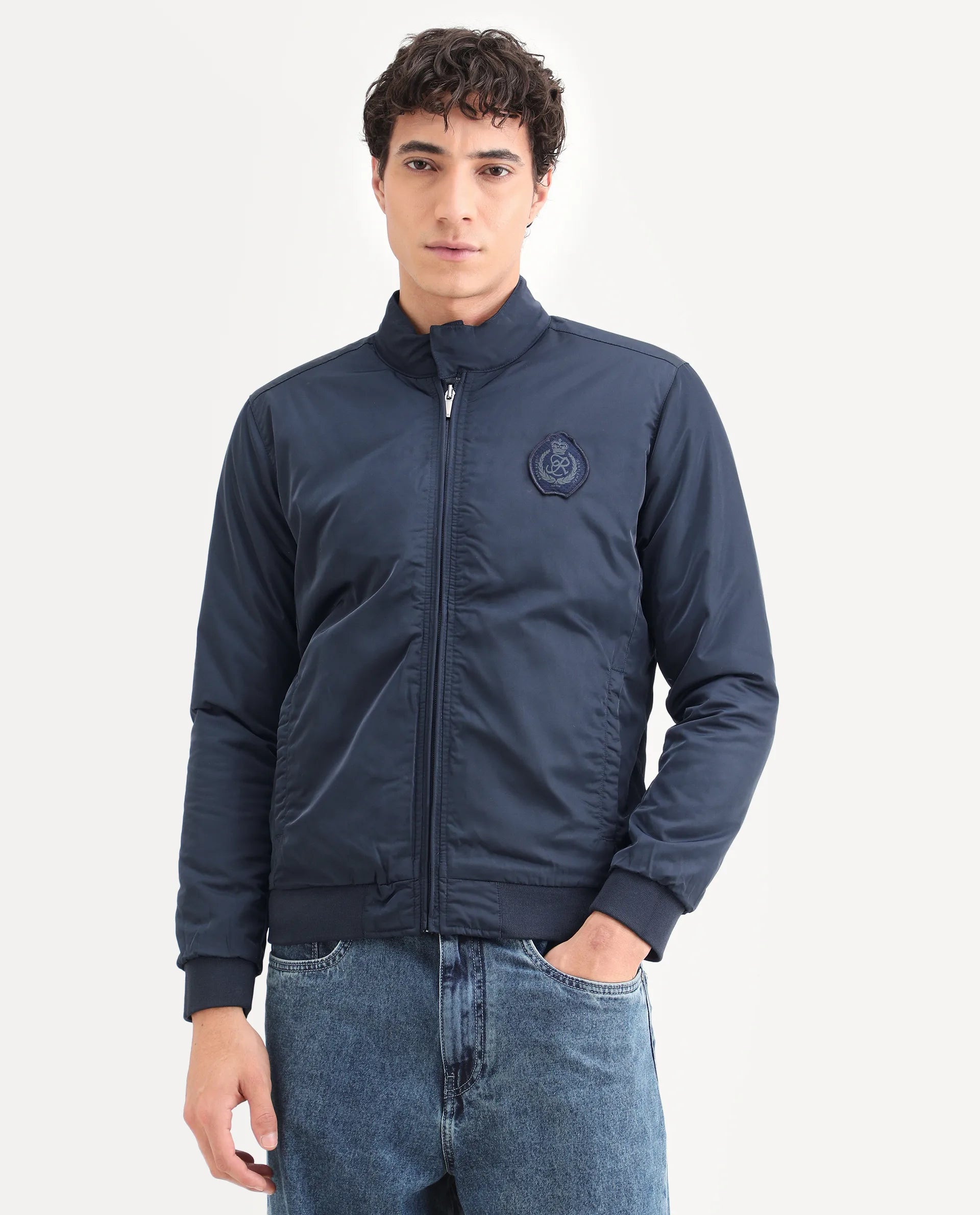 Rare Rabbit Men's Royban Navy Polyester Plain Regular Fit Full Sleeve Mandarin Collar Jacket