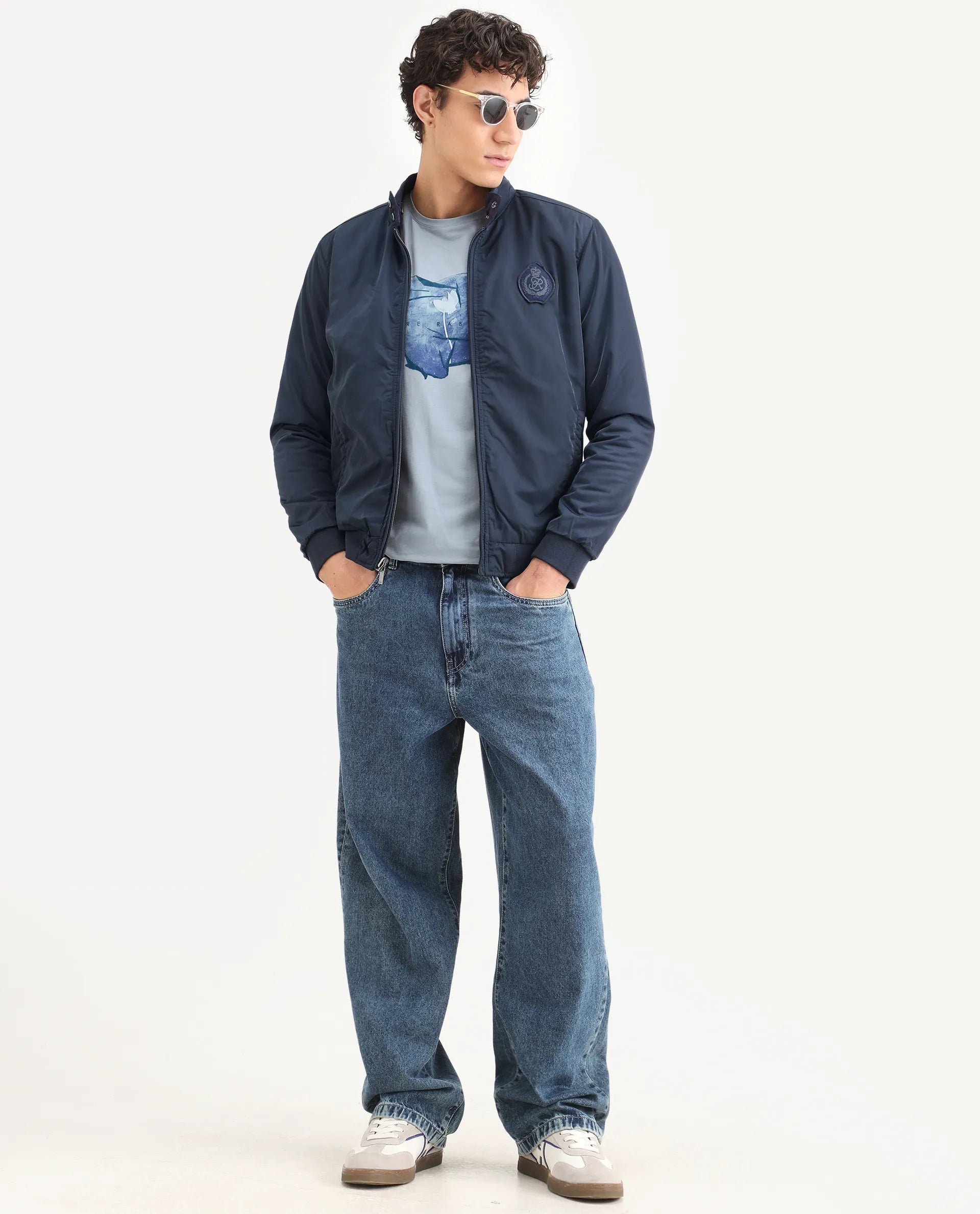 Rare Rabbit Men's Royban Navy Polyester Plain Regular Fit Full Sleeve Mandarin Collar Jacket