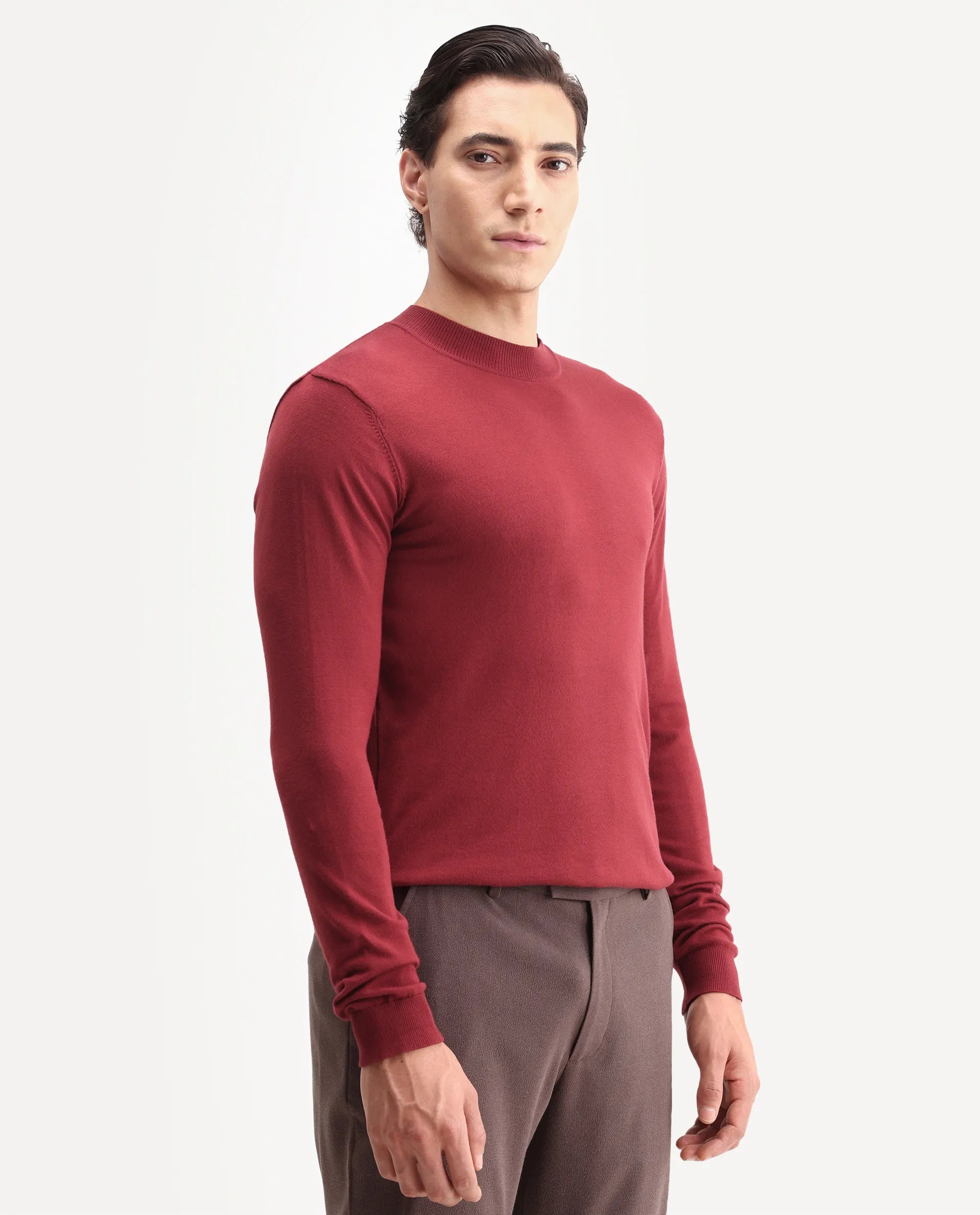 Rare Rabbit Men's Alfot Red Viscose Plain Regular Fit Full Sleeve High Neck Sweater