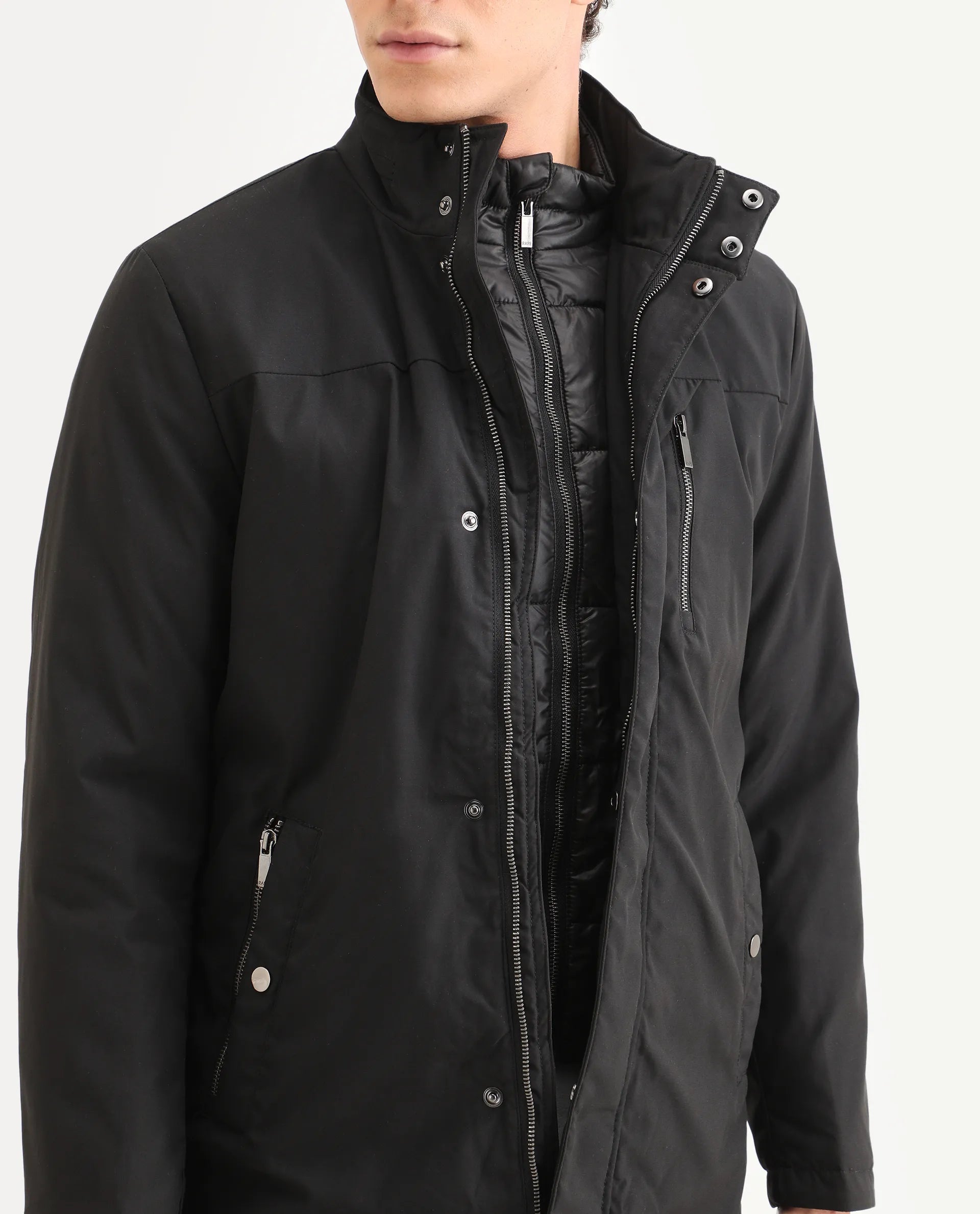 Rare Rabbit Men's Macaw Black Polyester Plain Regular Fit Full Sleeve High Neck Jacket