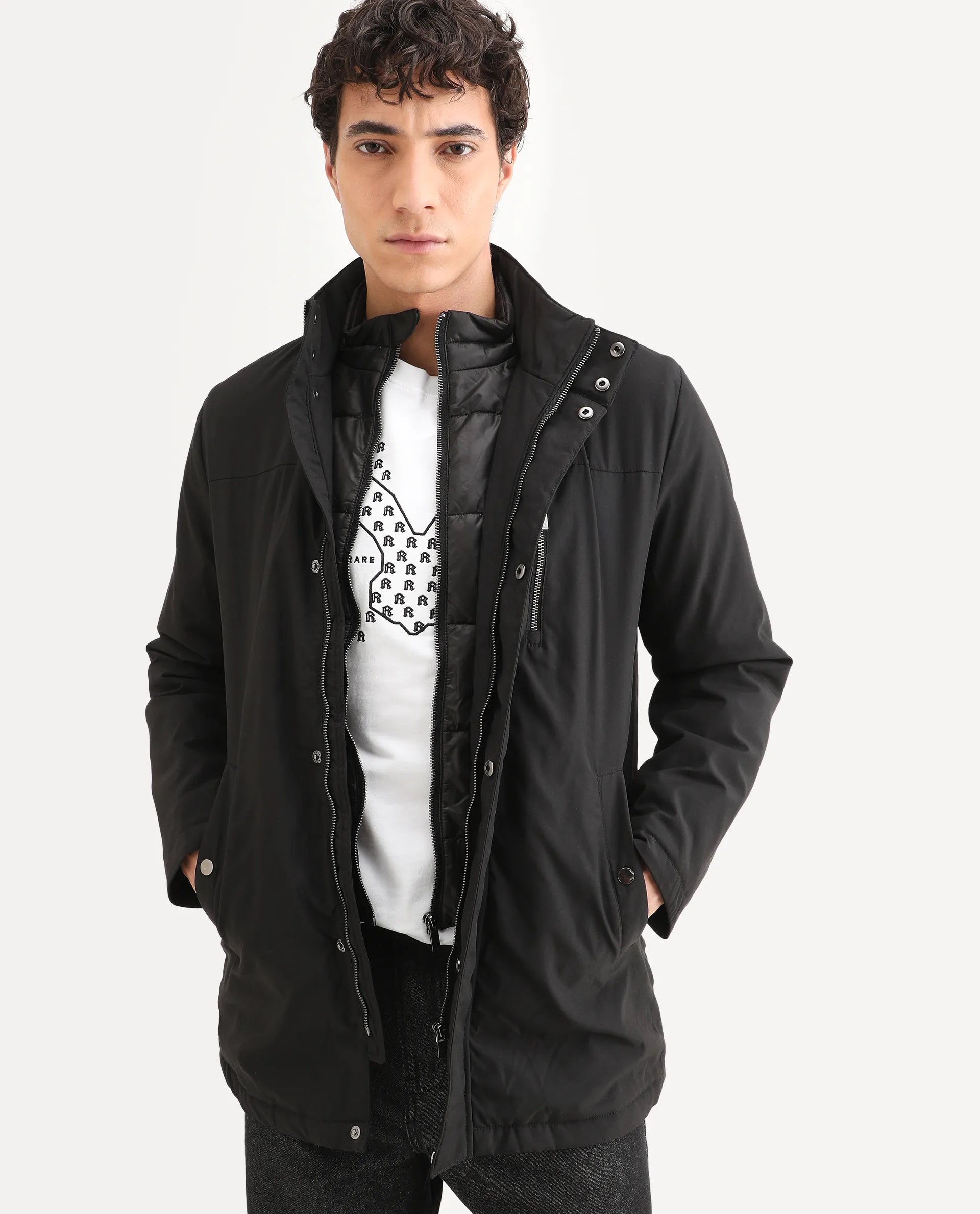 Rare Rabbit Men's Macaw Black Polyester Plain Regular Fit Full Sleeve High Neck Jacket