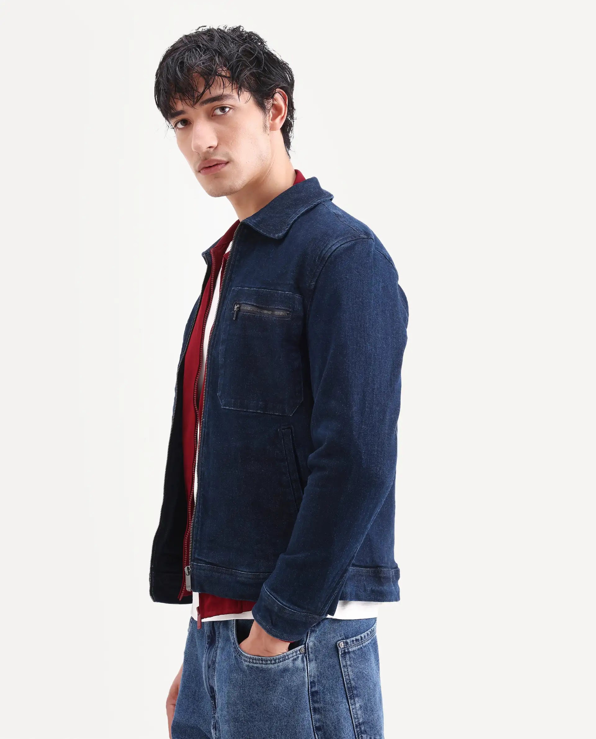 Rare Rabbit Men's Denner Dark Blue Cotton Plain Relaxed Fit Full Sleeve Spread Collar Jacket